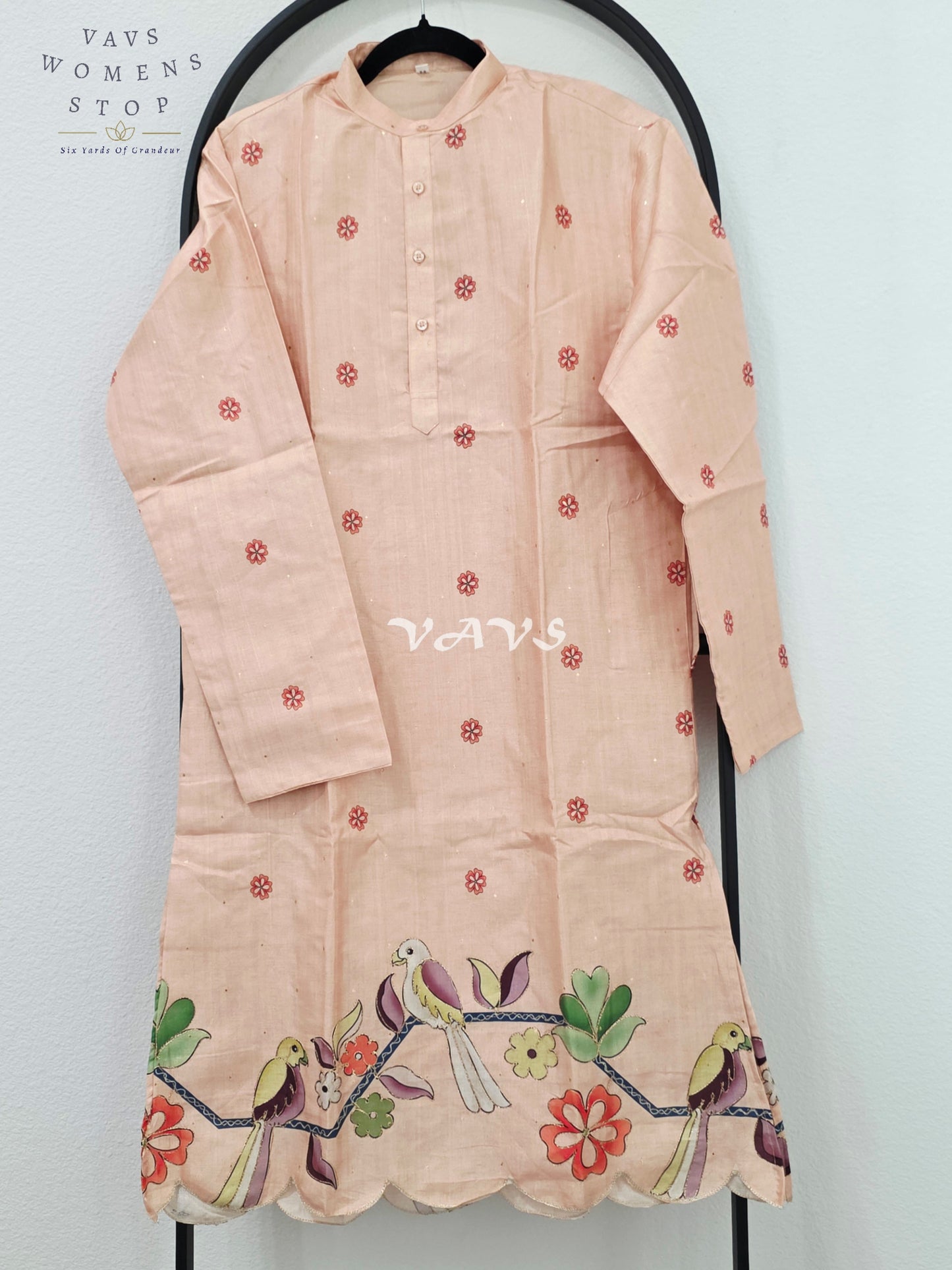 Regal Blush Peach Soft Tussar Silk Men’s Bird & Floral Embroidered Tailored Kurta – Size Medium
