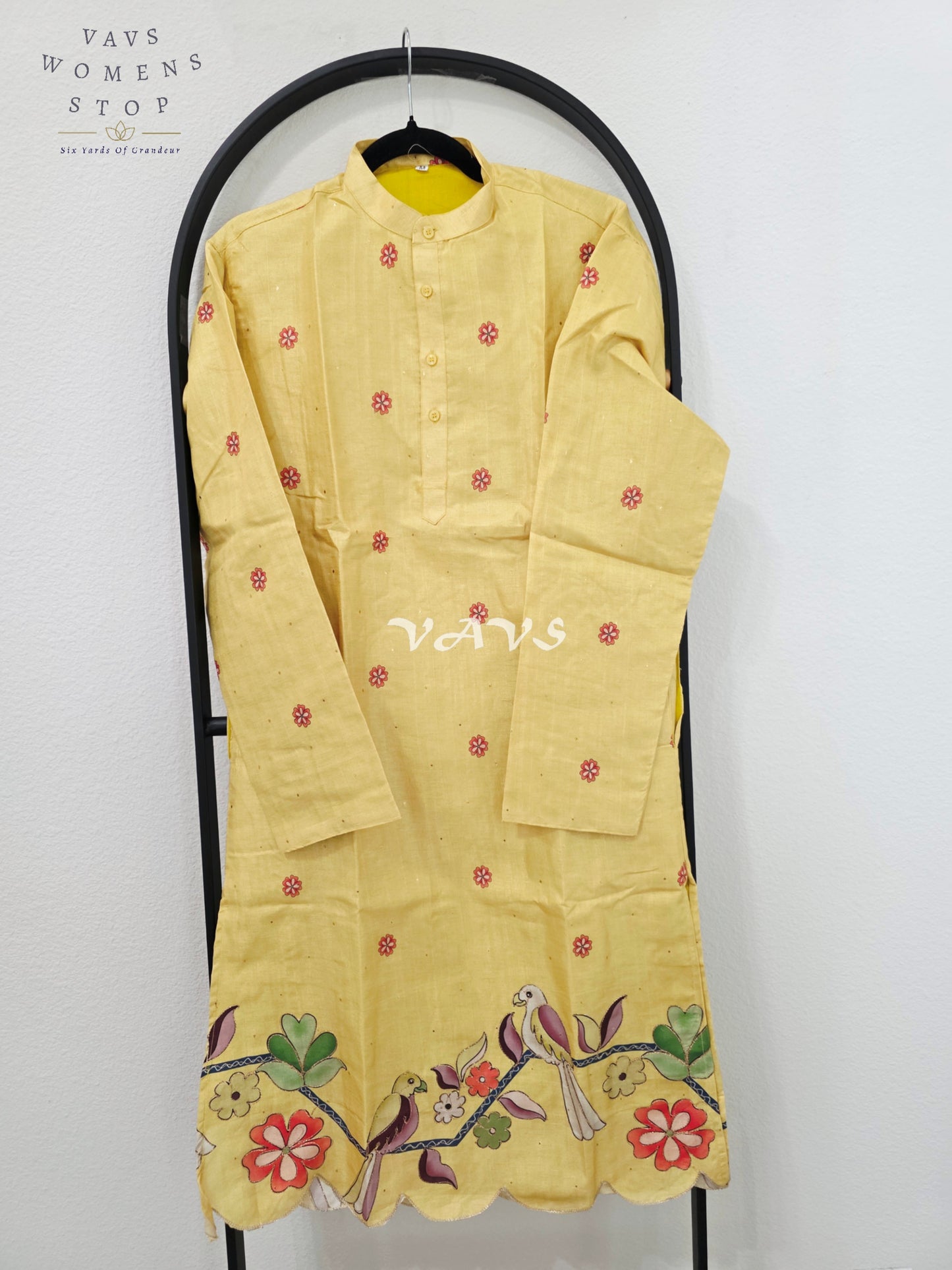 Royal Marigold Yellow Soft Tussar Silk Men’s Bird & Floral Embroidered Tailored Kurta – Size Medium