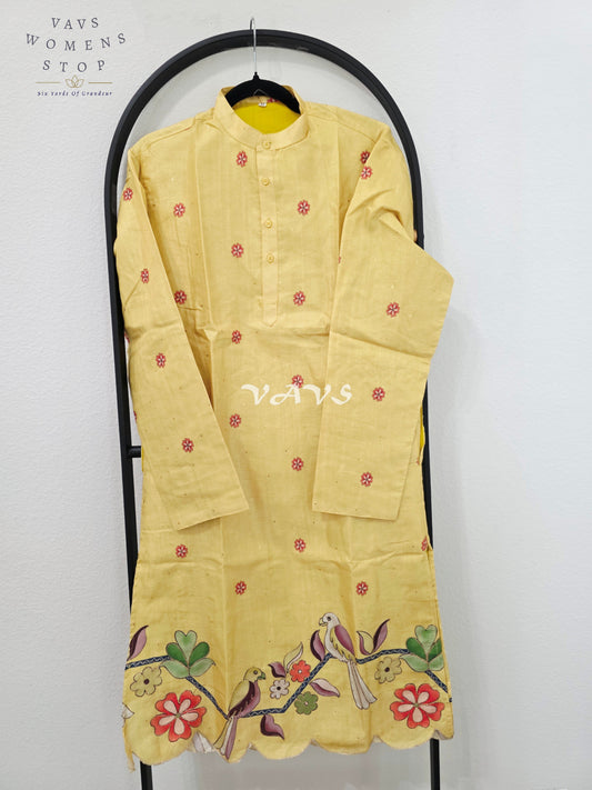 Royal Marigold Yellow Soft Tussar Silk Men’s Bird & Floral Embroidered Tailored Kurta – Size Medium
