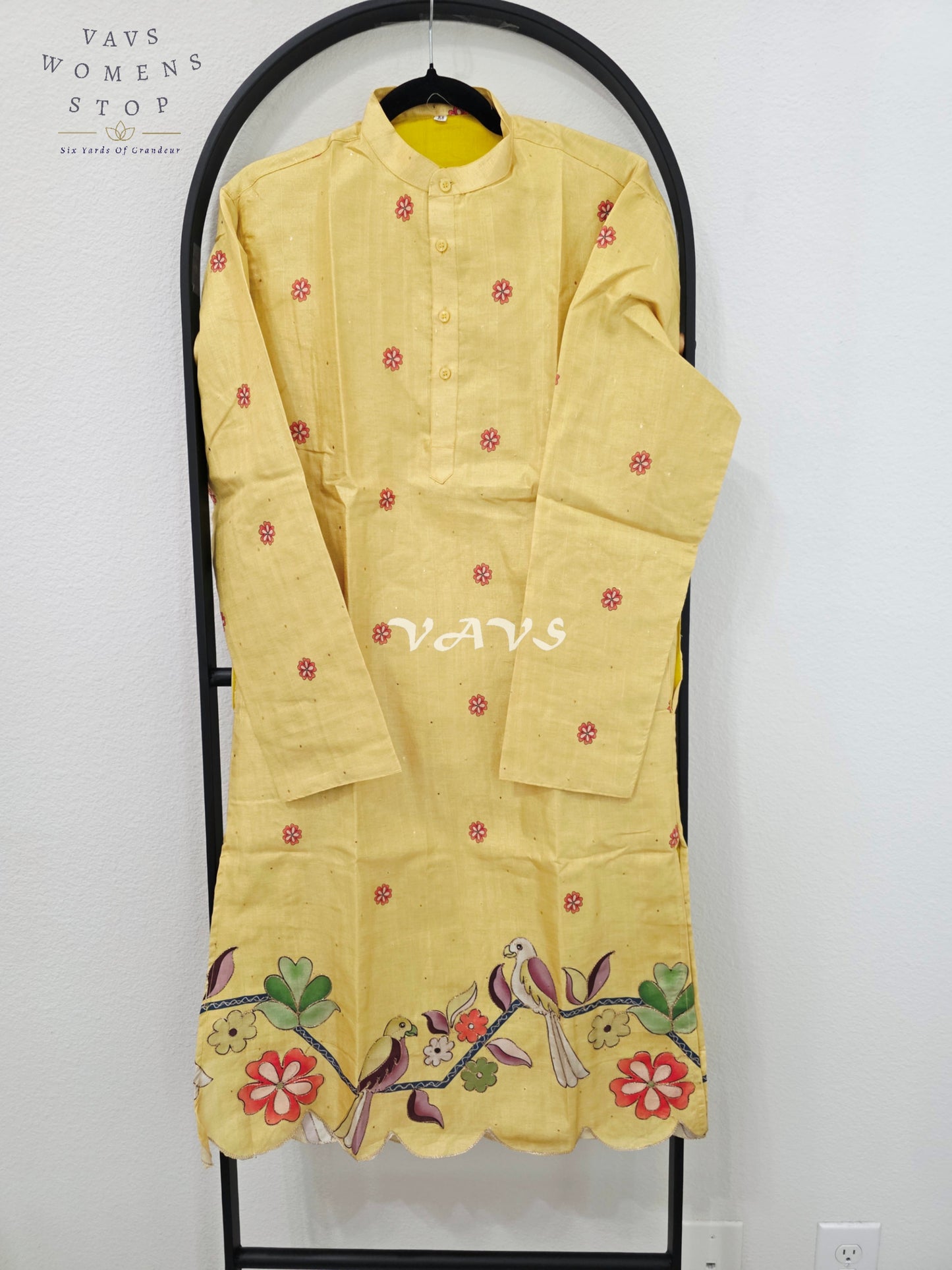 Royal Marigold Yellow Soft Tussar Silk Men’s Bird & Floral Embroidered Tailored Kurta – Size Medium