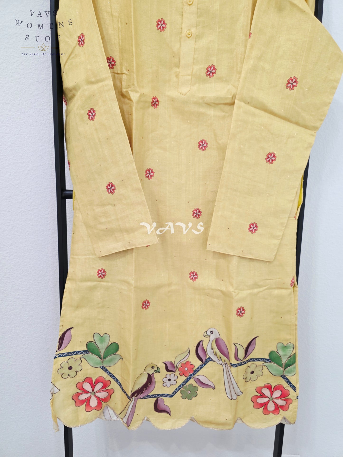 Royal Marigold Yellow Soft Tussar Silk Men’s Bird & Floral Embroidered Tailored Kurta – Size Medium