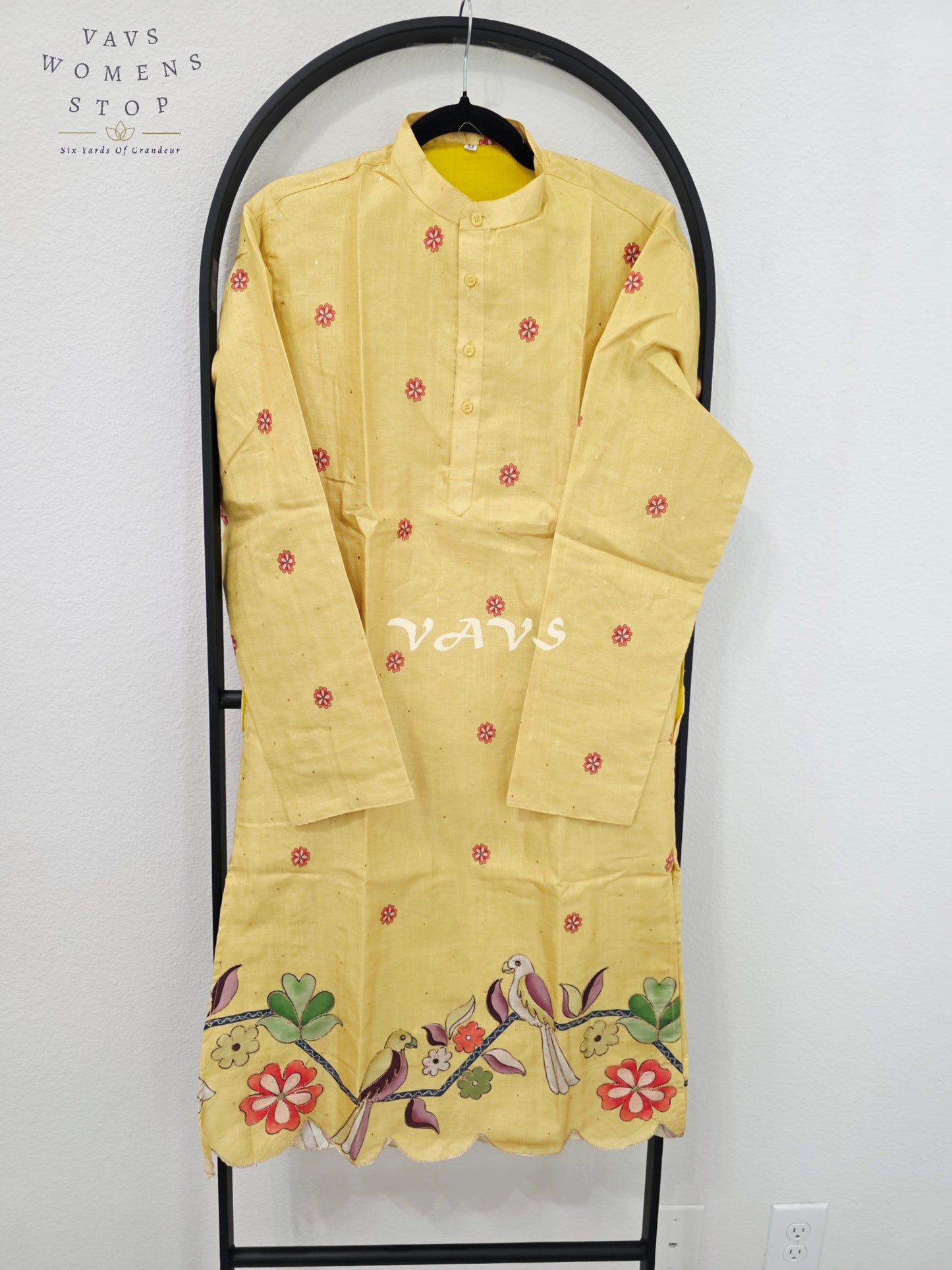 Royal Marigold Yellow Soft Tussar Silk Men’s Bird & Floral Embroidered Tailored Kurta – Size Medium