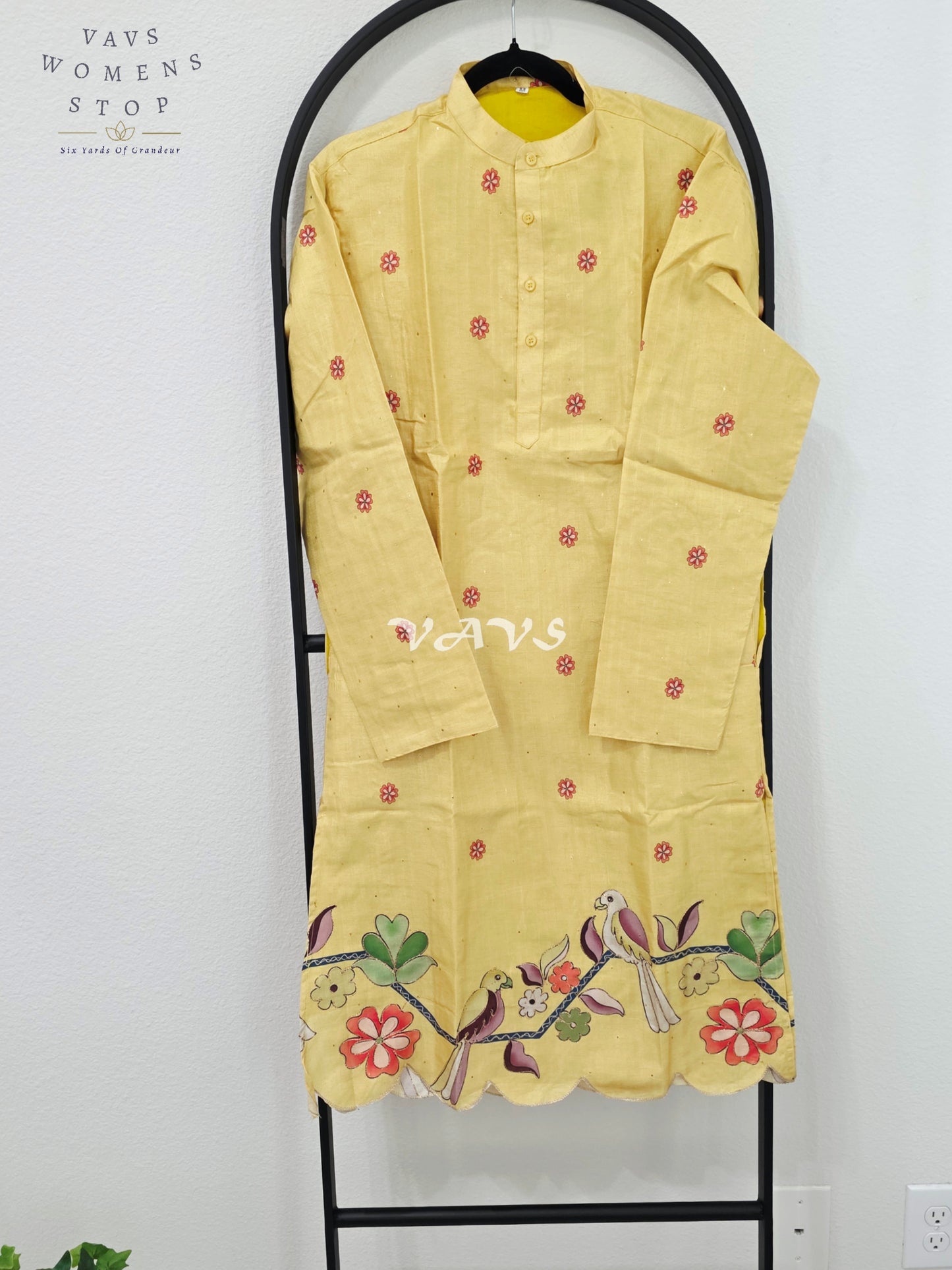 Royal Marigold Yellow Soft Tussar Silk Men’s Bird & Floral Embroidered Tailored Kurta – Size Medium