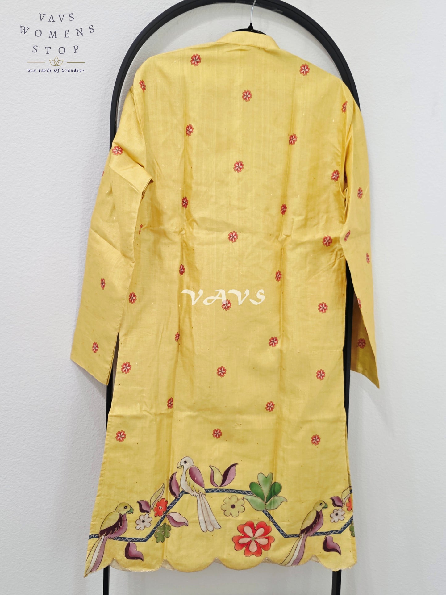 Royal Marigold Yellow Soft Tussar Silk Men’s Bird & Floral Embroidered Tailored Kurta – Size Medium