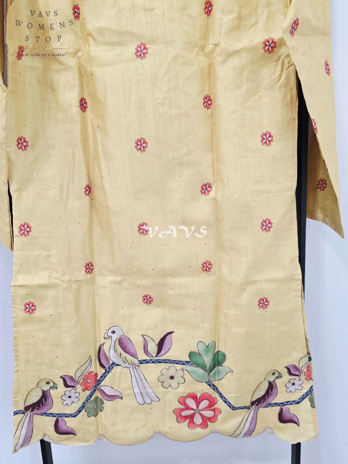 Royal Marigold Yellow Soft Tussar Silk Men’s Bird & Floral Embroidered Tailored Kurta – Size Medium