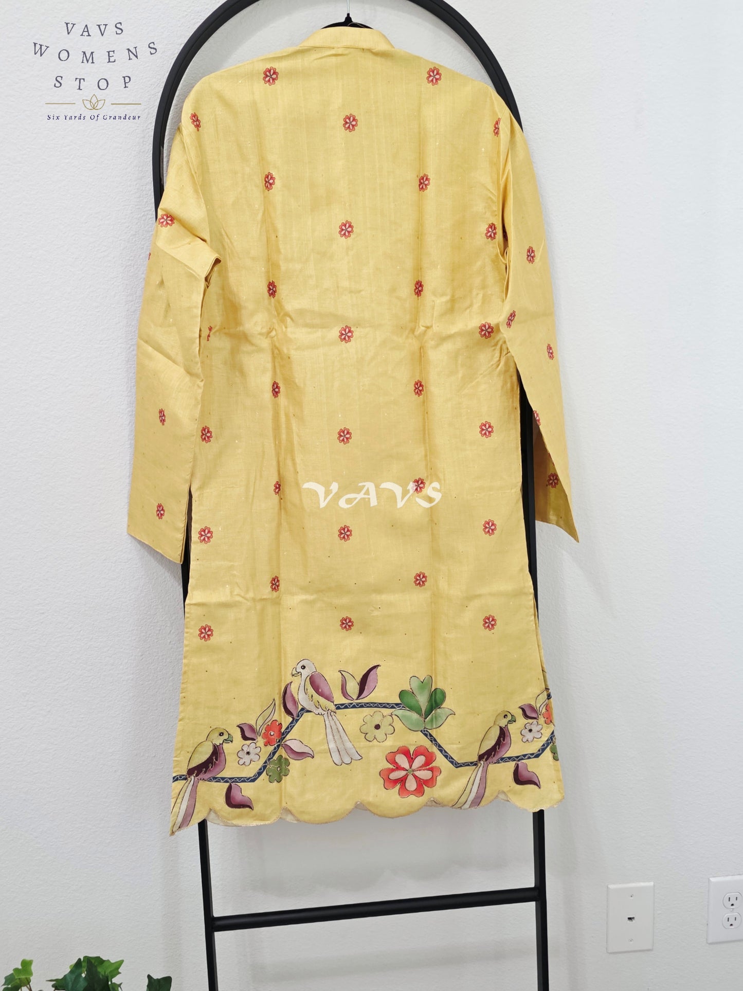 Royal Marigold Yellow Soft Tussar Silk Men’s Bird & Floral Embroidered Tailored Kurta – Size Medium