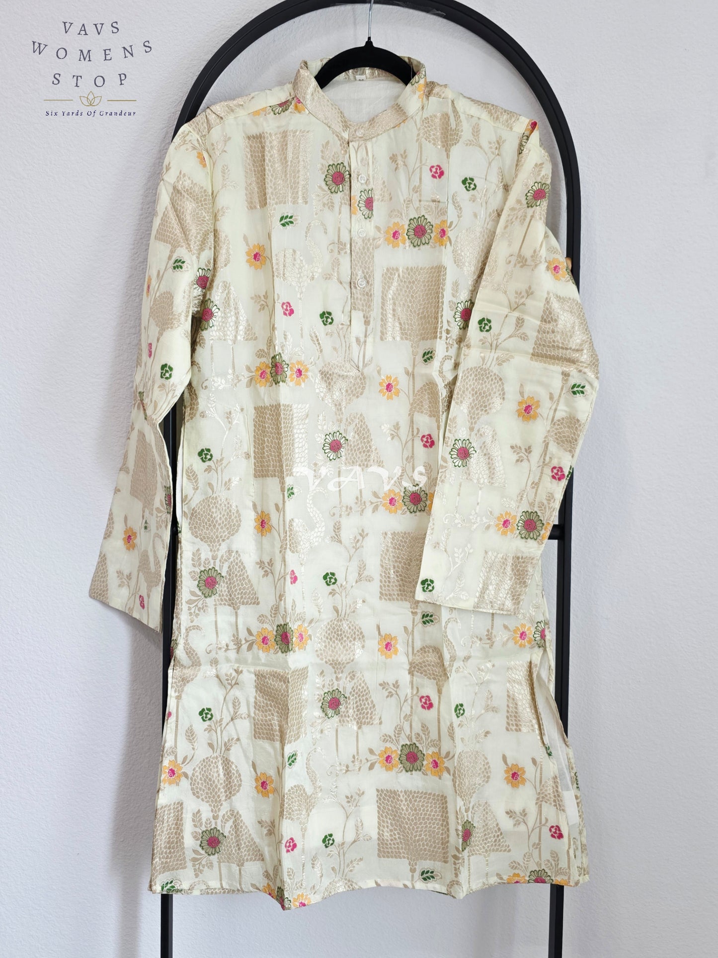 Royal Pearl Ivory & Champagne Gold Soft Banarasi Silk Floral Men’s Designer Kurta – Size Medium