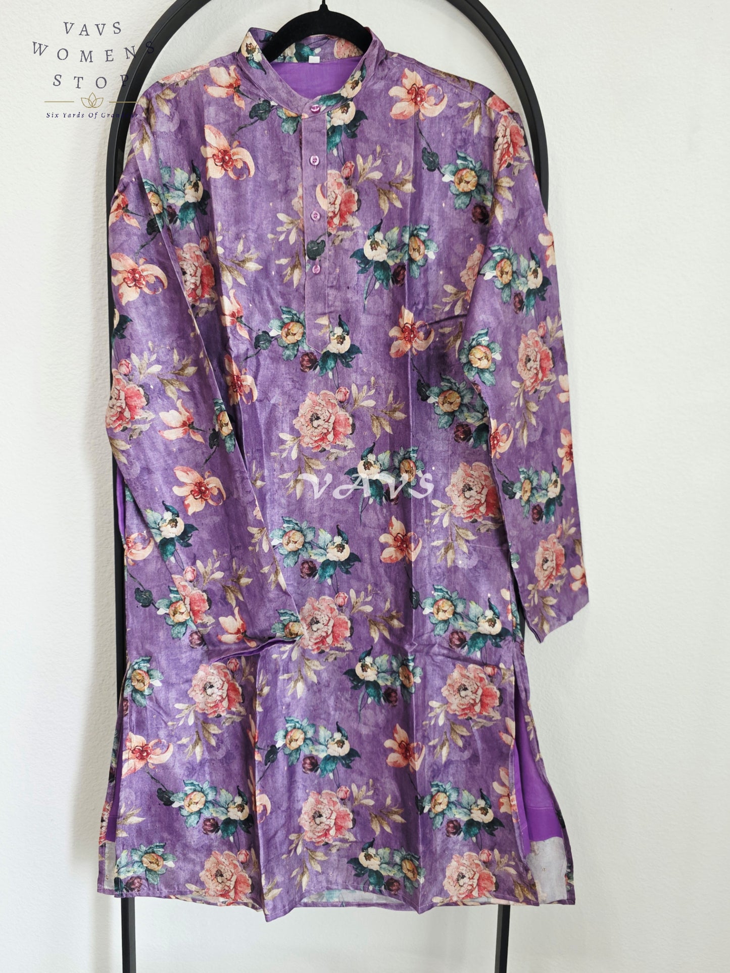 Royal Lavender Purple Soft Tussar Silk Floral Men’s Tailored Kurta – Size Medium
