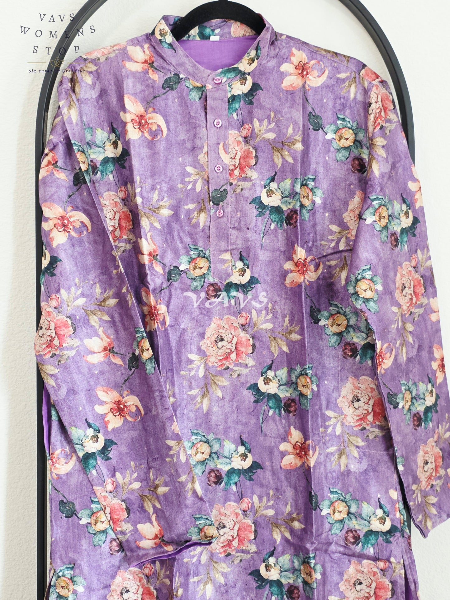 Royal Lavender Purple Soft Tussar Silk Floral Men’s Tailored Kurta – Size Medium