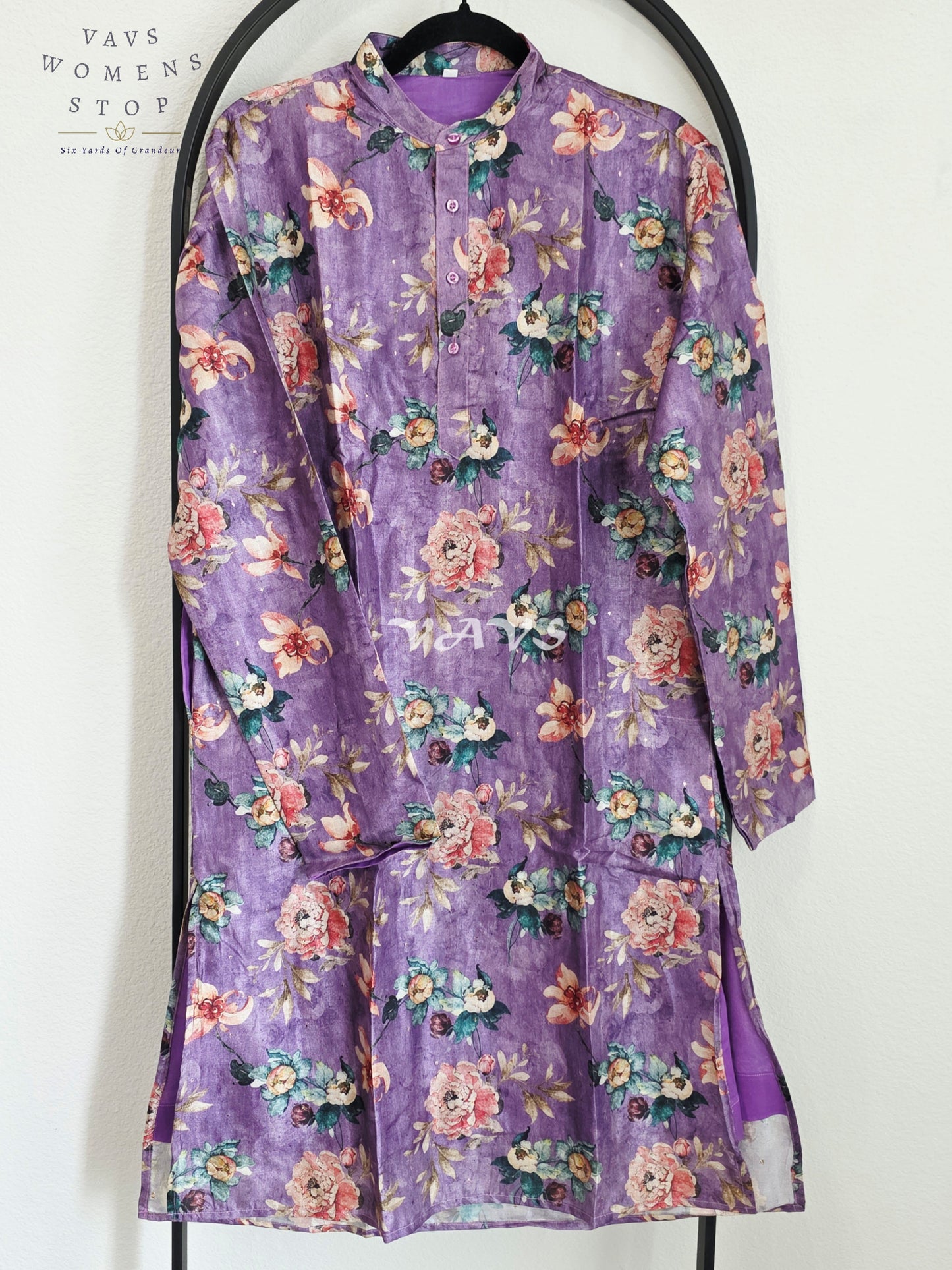 Royal Lavender Purple Soft Tussar Silk Floral Men’s Tailored Kurta – Size Medium