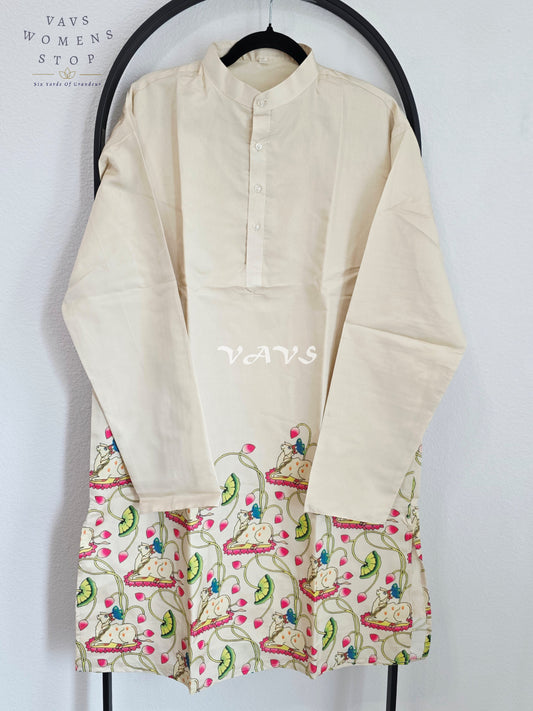 Royal Pearl Ivory Kalamkari Tussar Silk Pichwai Cow Men’s Tailored Kurta – Size XL