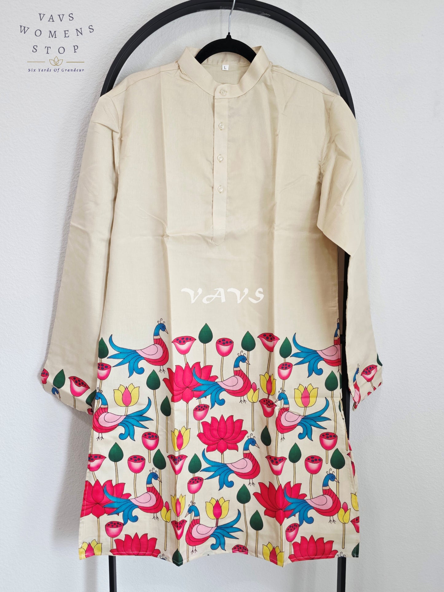 Royal Pearl Ivory Kalamkari Tussar Silk Peacock & Lotus Men’s Tailored Kurta – Size Large
