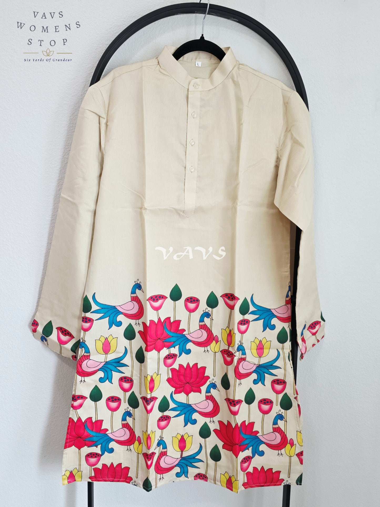 Royal Pearl Ivory Kalamkari Tussar Silk Peacock & Lotus Men’s Tailored Kurta – Size Large