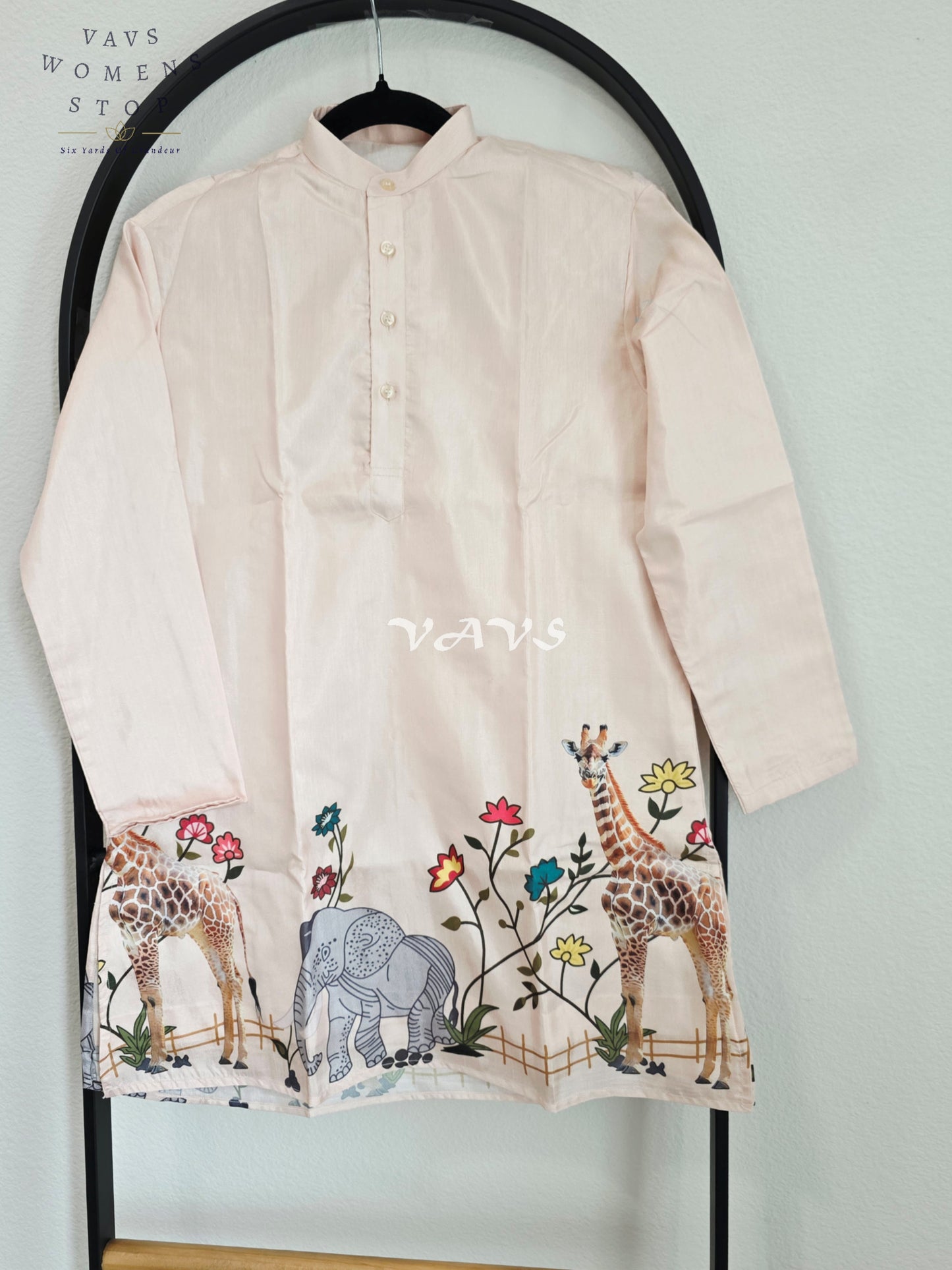 Regal Blush Ivory Soft Tussar Silk Giraffe & Elephant Designer Boy’s Kurta – Age 10