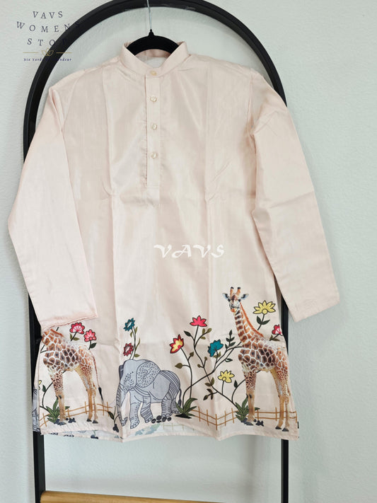 Regal Blush Ivory Soft Tussar Silk Giraffe & Elephant Designer Boy’s Kurta – Age 10
