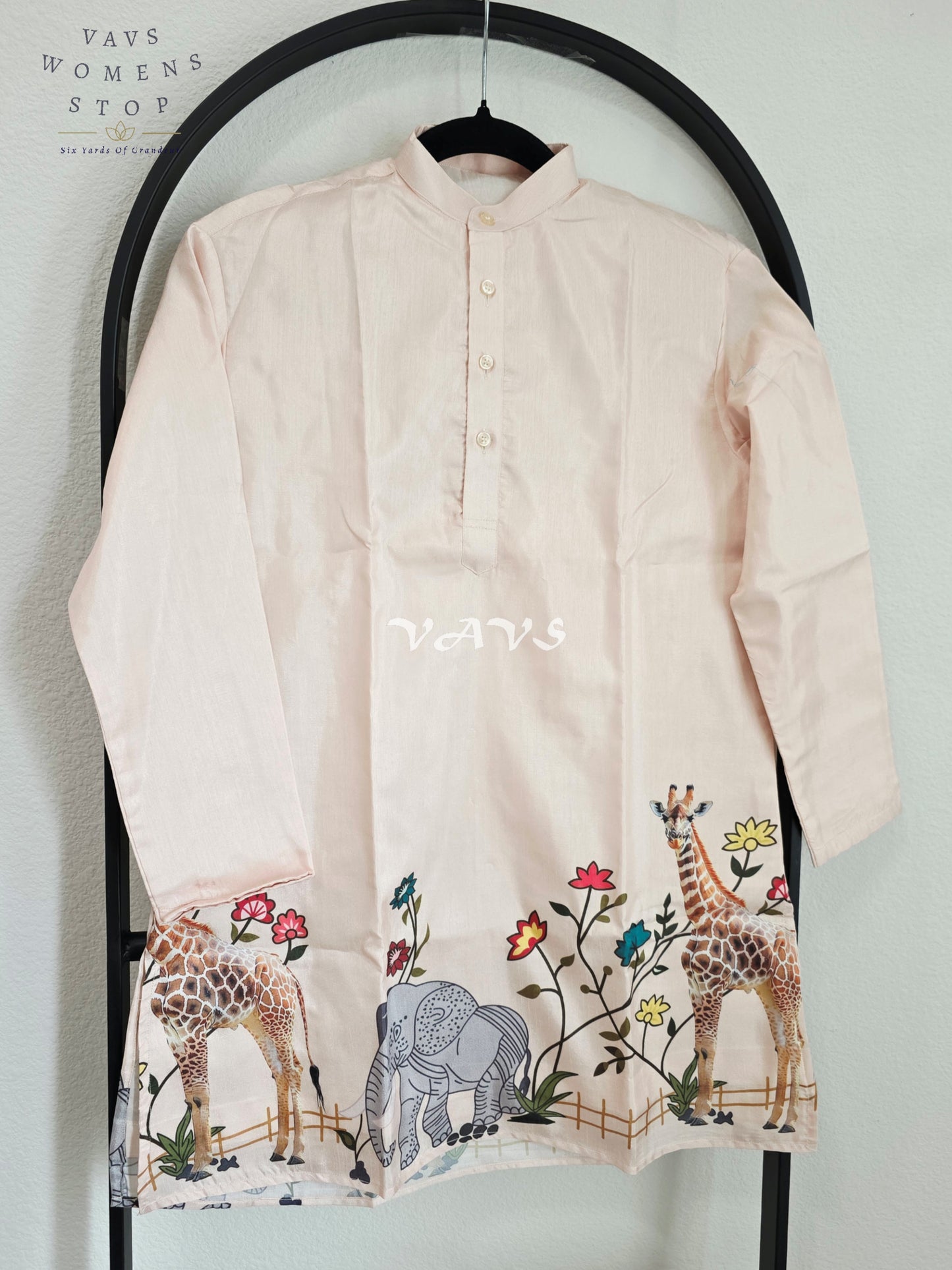 Regal Blush Ivory Soft Tussar Silk Giraffe & Elephant Designer Boy’s Kurta – Age 10