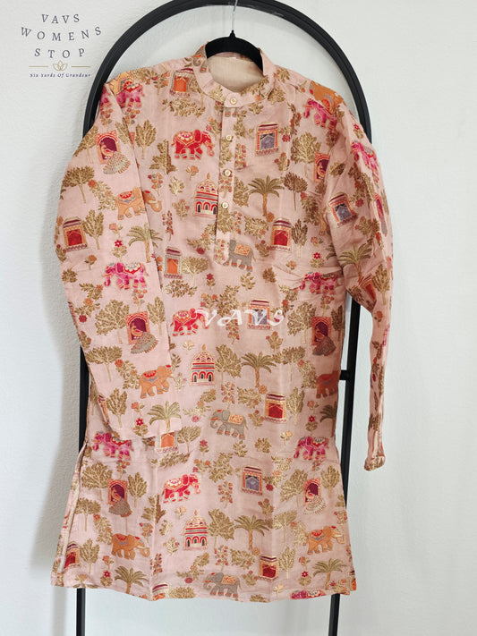 Regal Blush Rose Soft Banarasi Silk Heritage Print Men’s Designer Tailored Kurta – Size Small