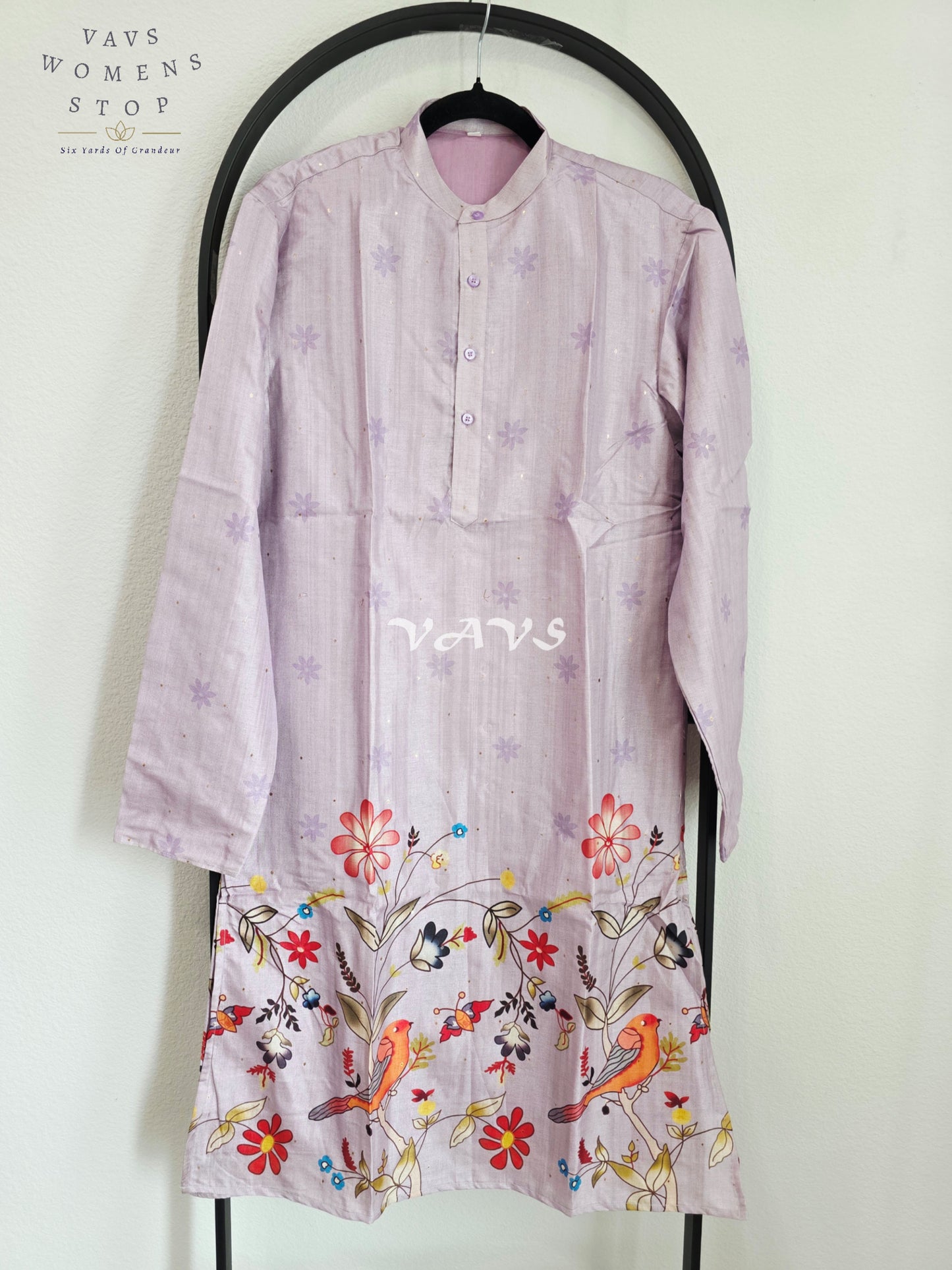 Regal Misty Lavender Tussar Silk Bird & Floral Print Men’s Tailored Kurta – Size Large