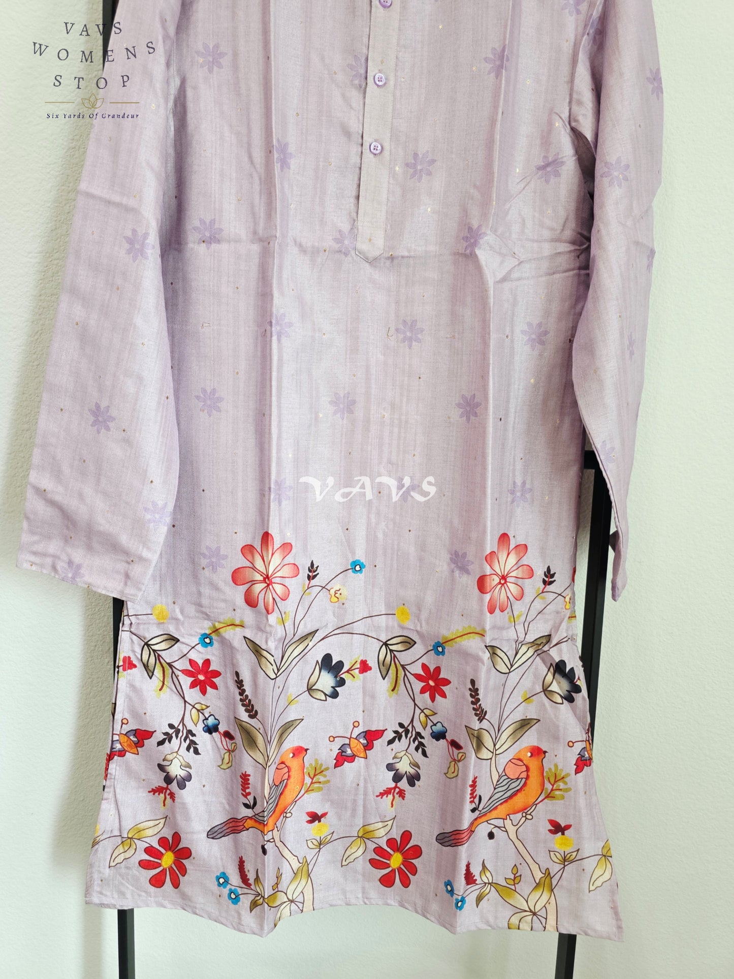 Regal Misty Lavender Tussar Silk Bird & Floral Print Men’s Tailored Kurta – Size Large