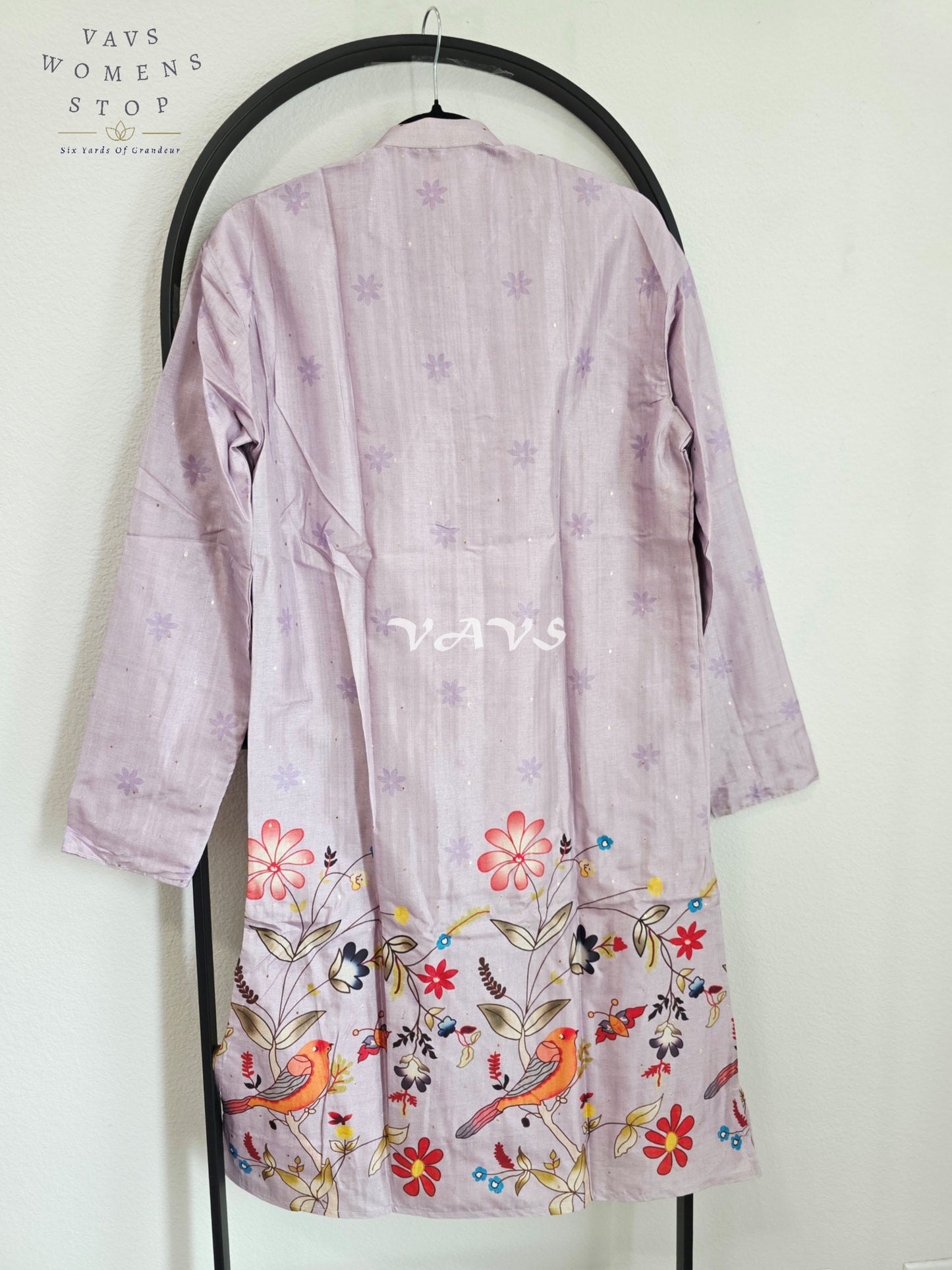 Regal Misty Lavender Tussar Silk Bird & Floral Print Men’s Tailored Kurta – Size Small