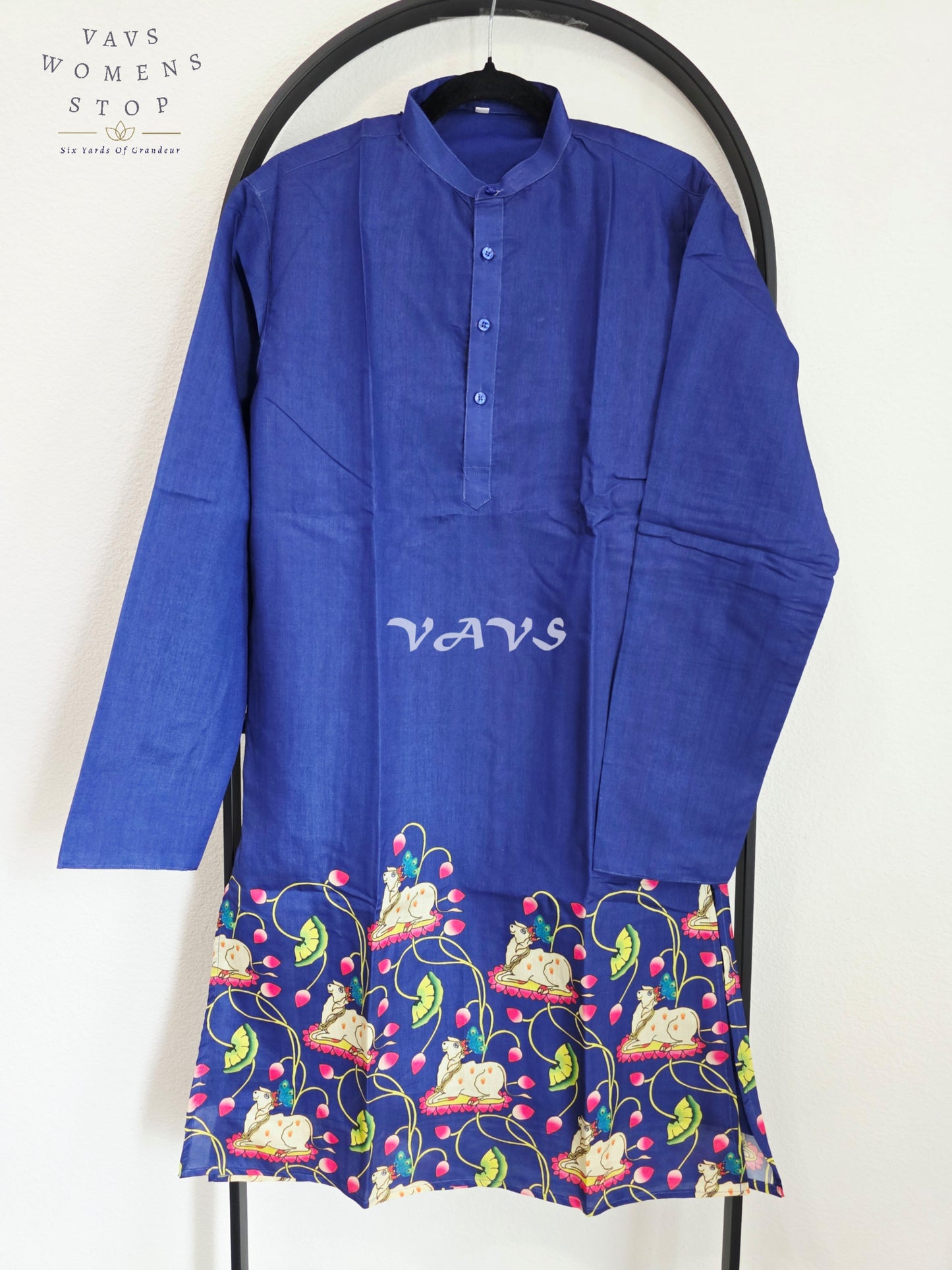 Royal Cobalt Navy Kalamkari Tussar Silk Pichwai Cow Men’s Tailored Kurta – Size Small