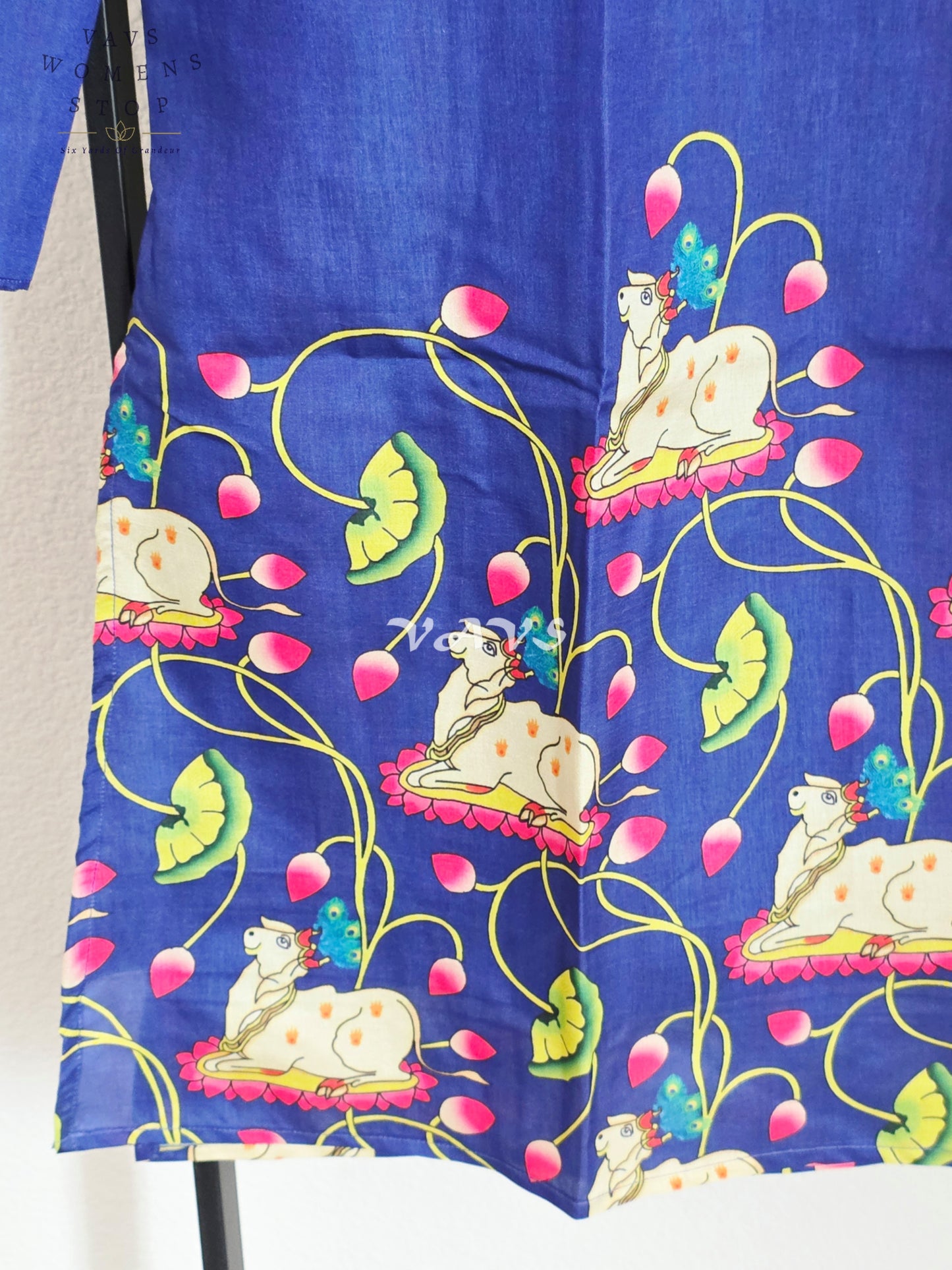Royal Cobalt Navy Kalamkari Tussar Silk Pichwai Cow Men’s Tailored Kurta – Size Small