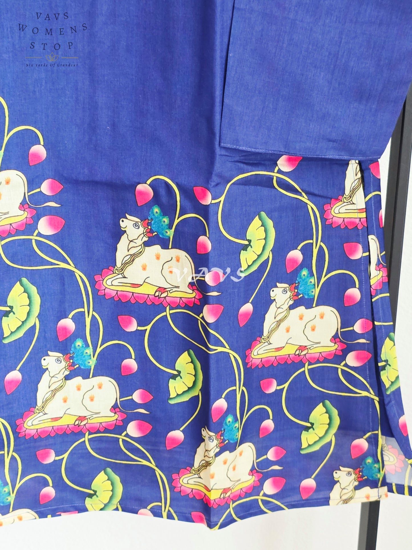 Royal Cobalt Navy Kalamkari Tussar Silk Pichwai Cow Men’s Tailored Kurta – Size Small