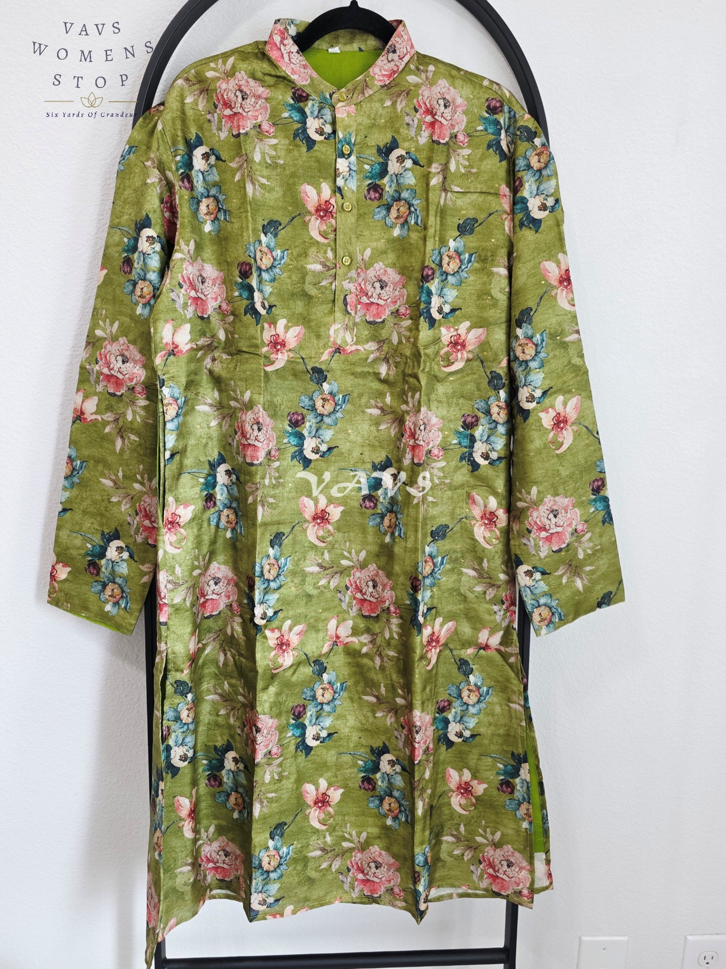 Regal Olive Green Soft Tussar Silk Floral Men’s Tailored Kurta – Size Large