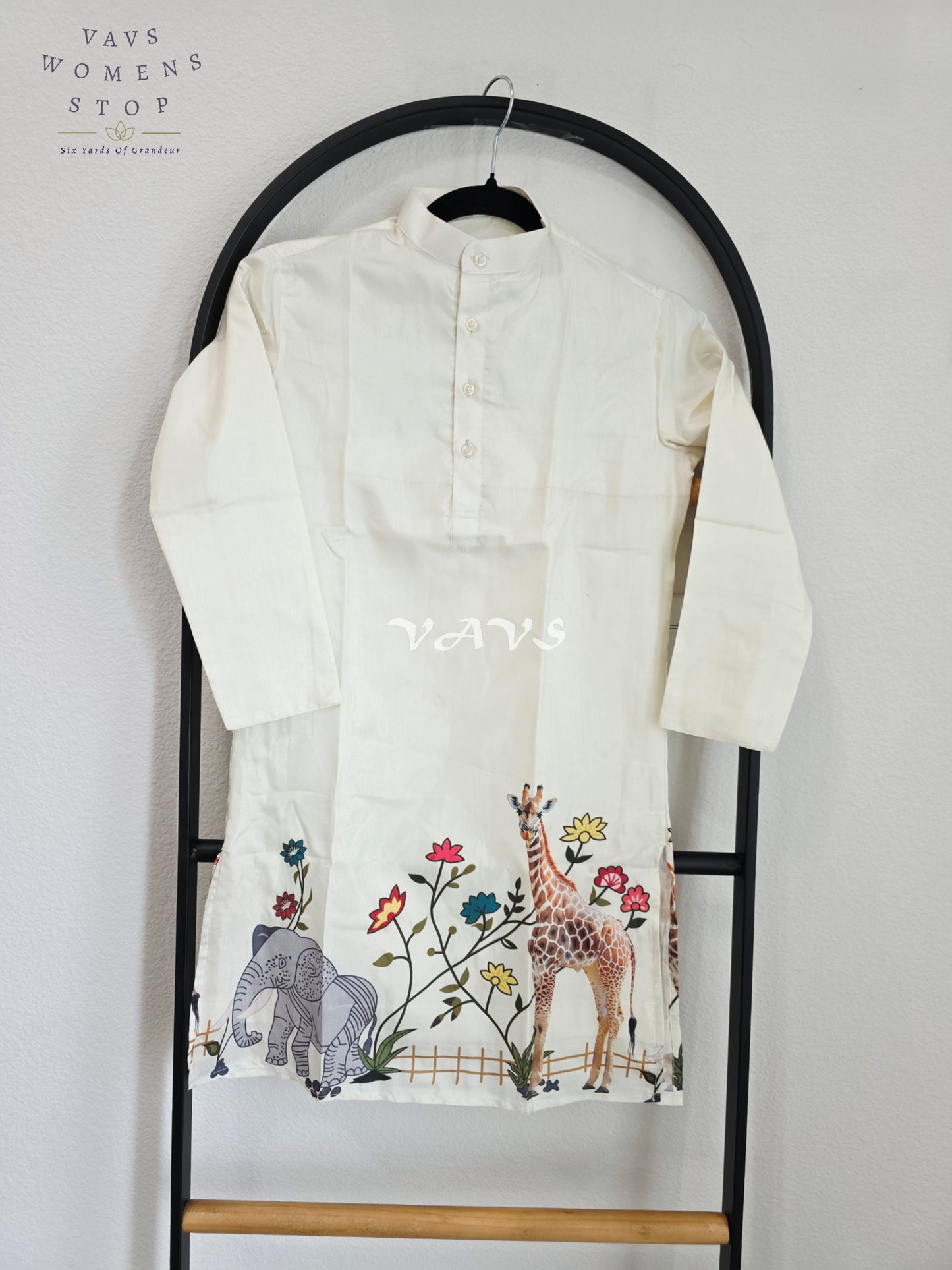 Royal Pearl Ivory Soft Tussar Silk Giraffe & Elephant Designer Boy’s Kurta – Age 10