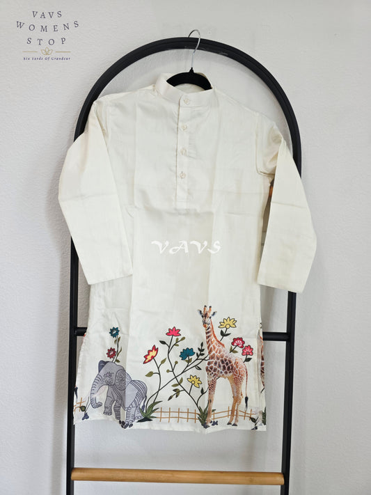 Royal Pearl Ivory Soft Tussar Silk Giraffe & Elephant Designer Boy’s Kurta – Age 10