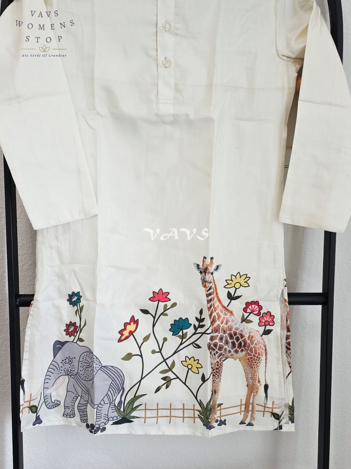 Royal Pearl Ivory Soft Tussar Silk Giraffe & Elephant Designer Boy’s Kurta – Age 10
