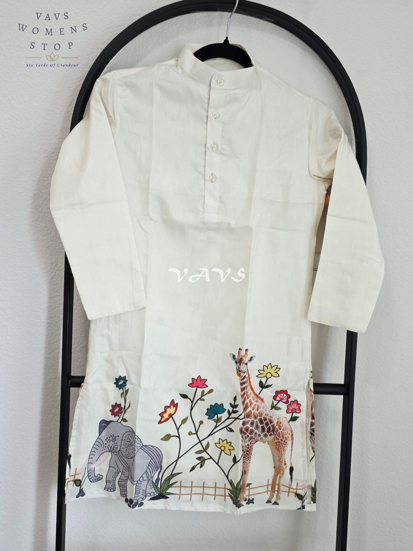 Royal Pearl Ivory Soft Tussar Silk Giraffe & Elephant Designer Boy’s Kurta – Age 10