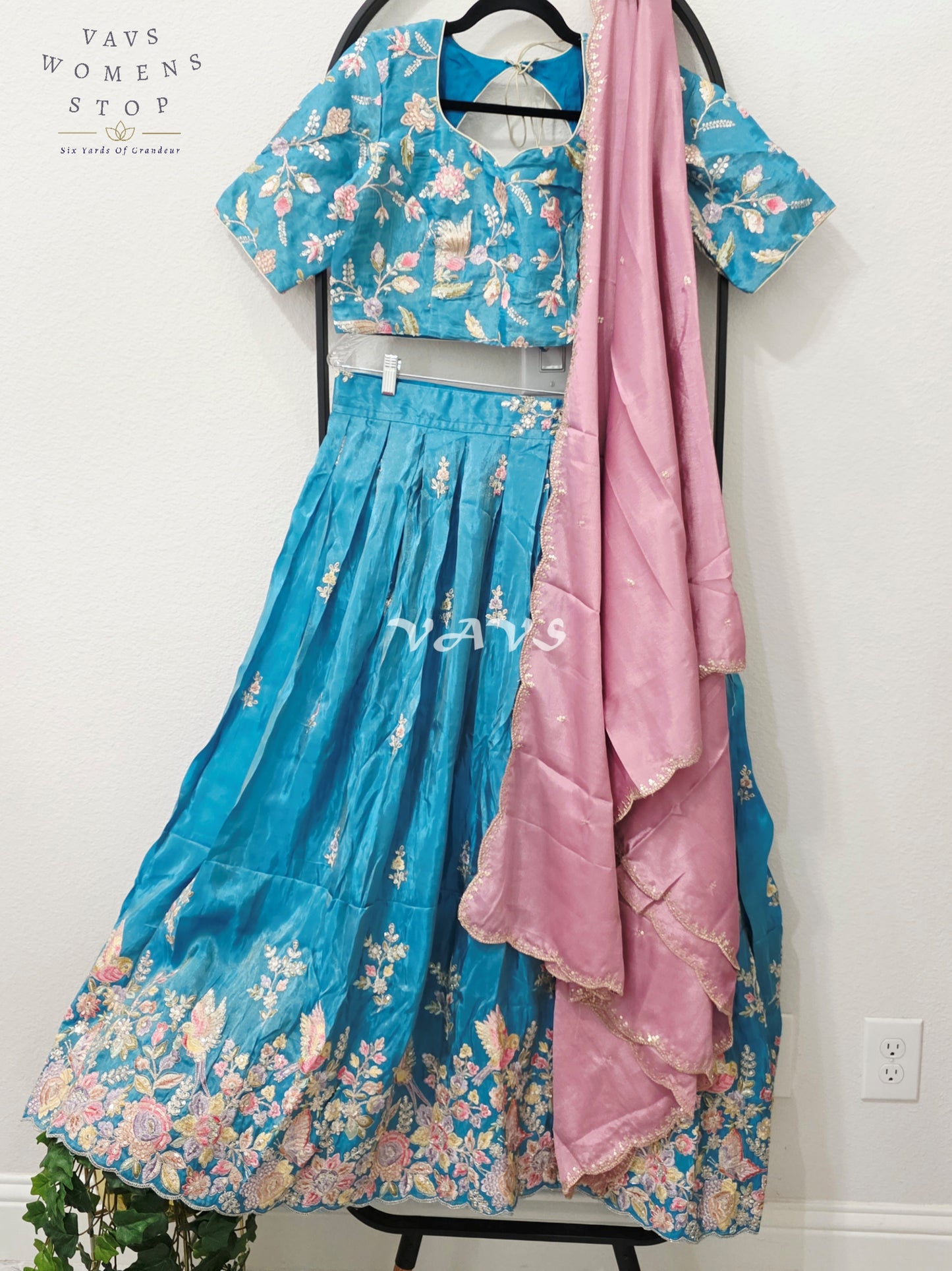 Regal Peacock Teal & Dusty Rose Munga Tissue Crepe Silk Designer Embroidered Lehenga Half Saree with Chinon Chiffon Dupatta & Blouse 40-46
