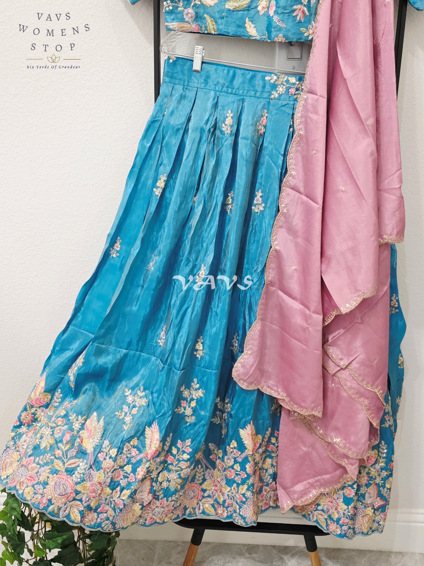 Regal Peacock Teal & Dusty Rose Munga Tissue Crepe Silk Designer Embroidered Lehenga Half Saree with Chinon Chiffon Dupatta & Blouse 40-46