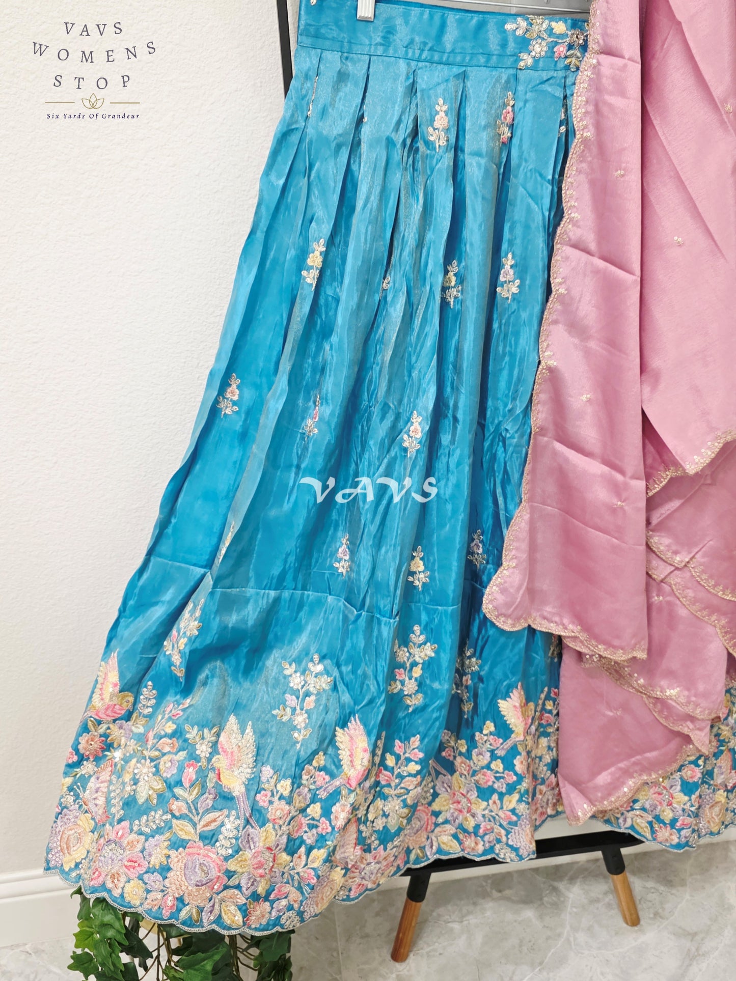 Regal Peacock Teal & Dusty Rose Munga Tissue Crepe Silk Designer Embroidered Lehenga Half Saree with Chinon Chiffon Dupatta & Blouse 40-46