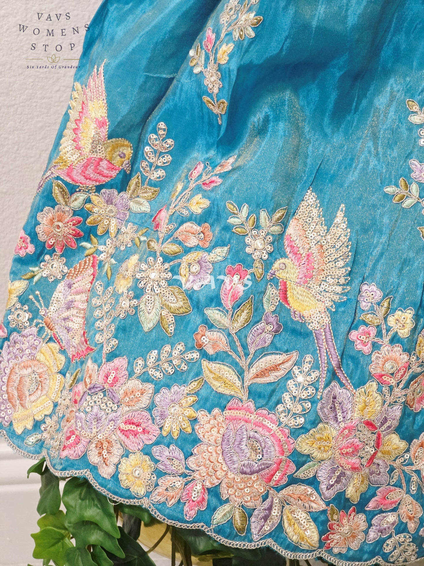 Regal Peacock Teal & Dusty Rose Munga Tissue Crepe Silk Designer Embroidered Lehenga Half Saree with Chinon Chiffon Dupatta & Blouse 40-46