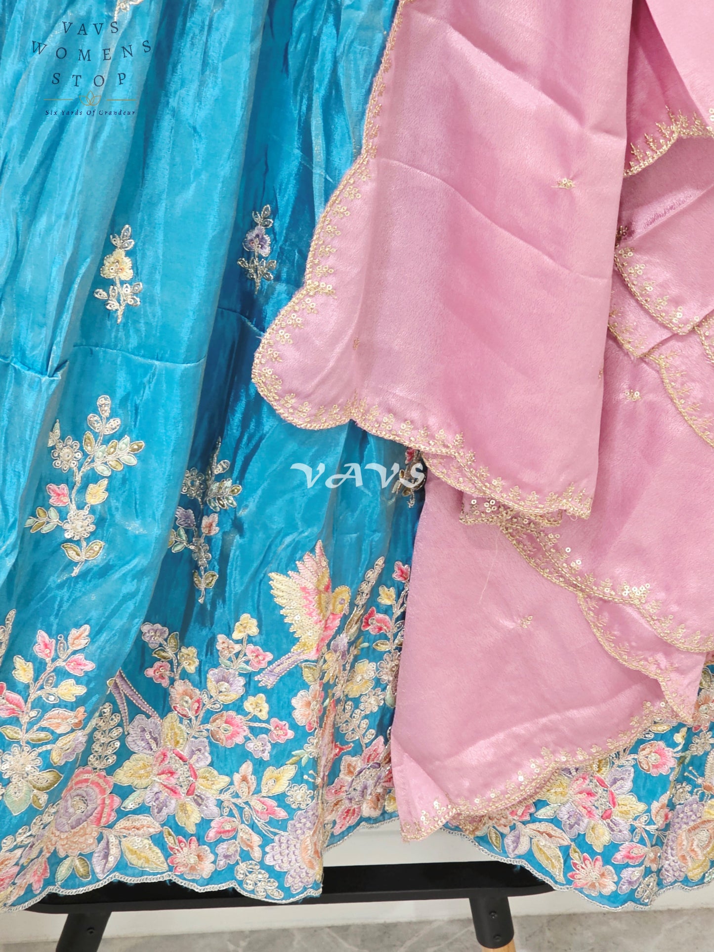 Regal Peacock Teal & Dusty Rose Munga Tissue Crepe Silk Designer Embroidered Lehenga Half Saree with Chinon Chiffon Dupatta & Blouse 40-46