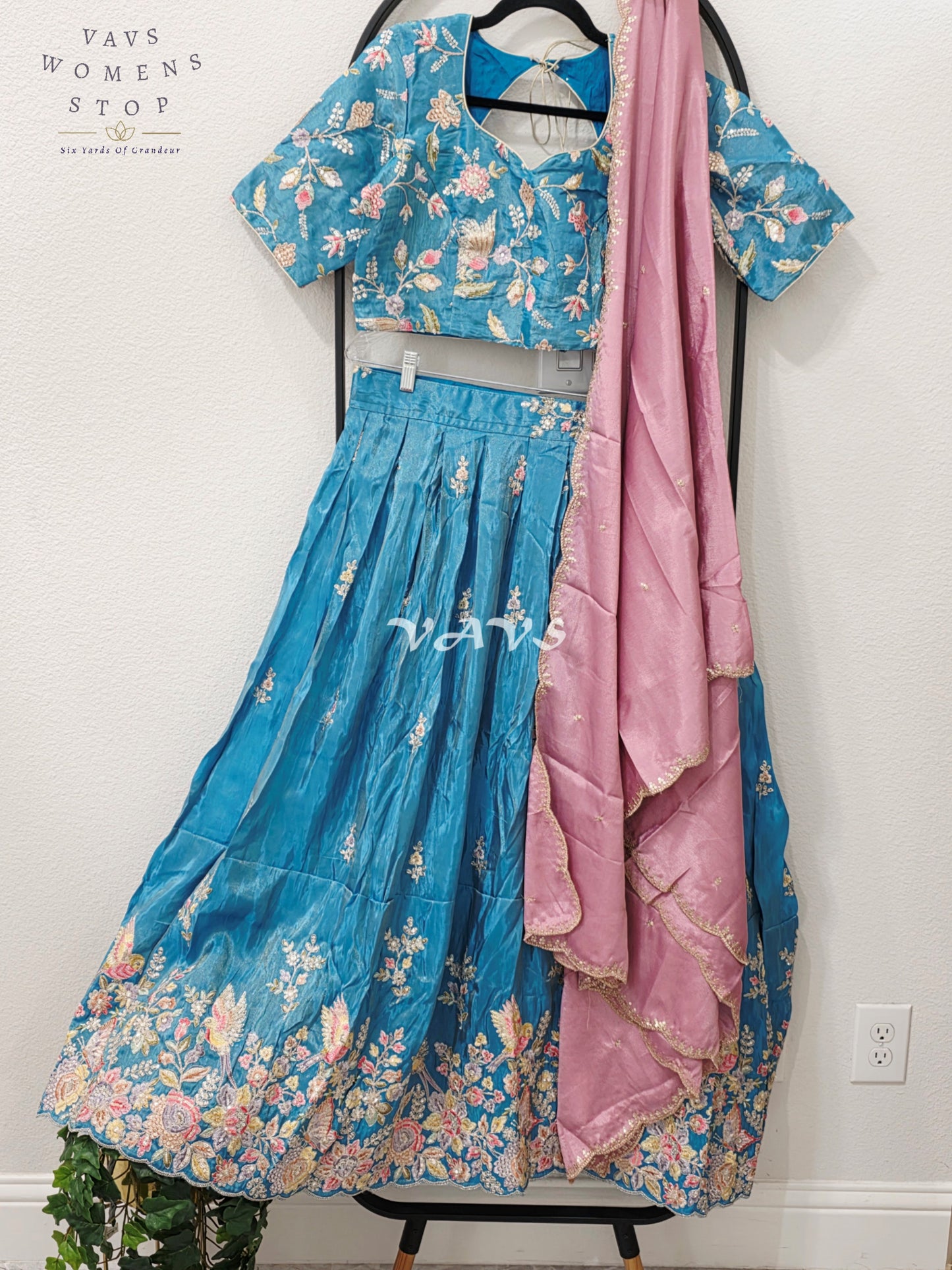 Regal Peacock Teal & Dusty Rose Munga Tissue Crepe Silk Designer Embroidered Lehenga Half Saree with Chinon Chiffon Dupatta & Blouse 40-46