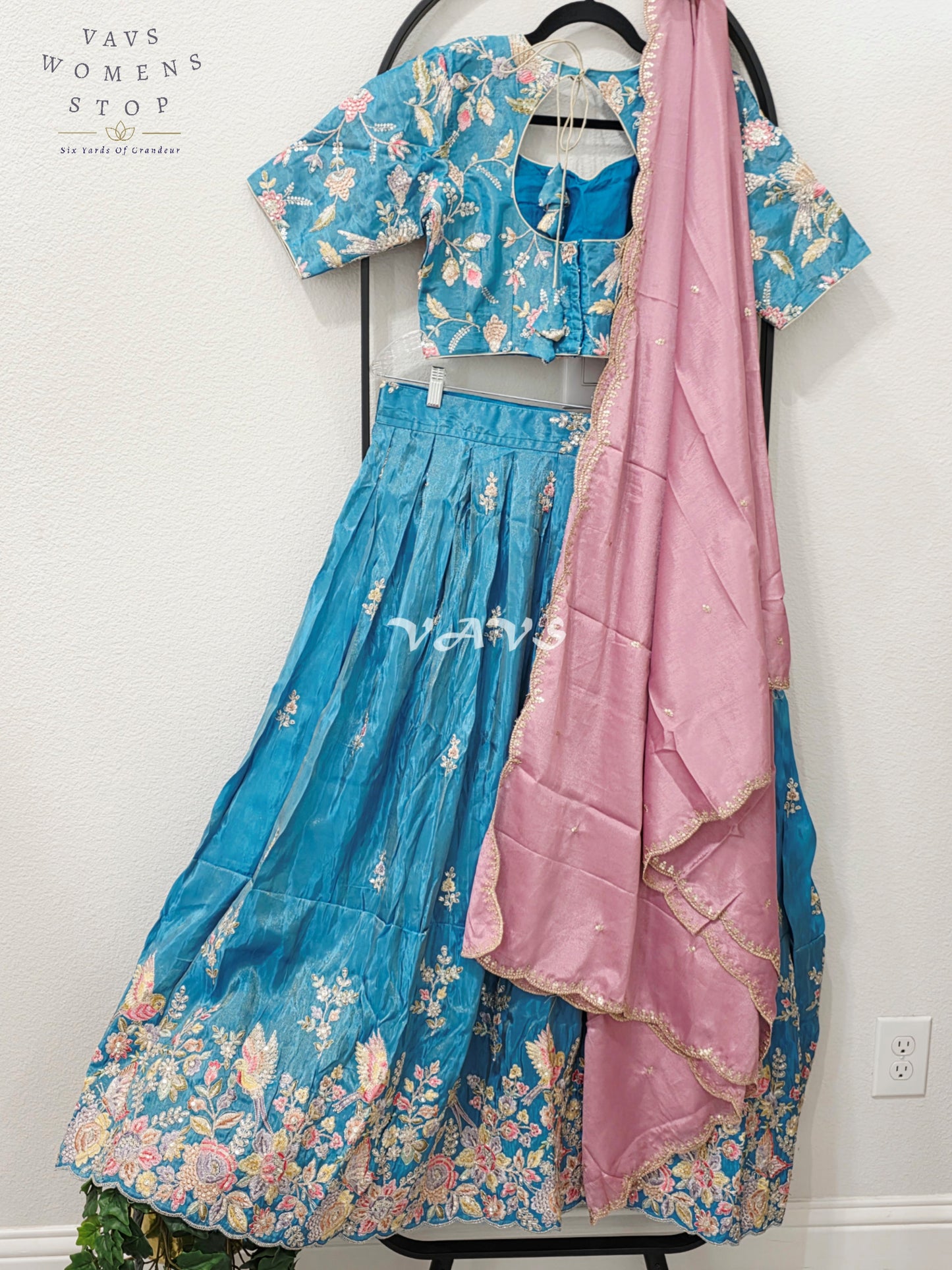 Regal Peacock Teal & Dusty Rose Munga Tissue Crepe Silk Designer Embroidered Lehenga Half Saree with Chinon Chiffon Dupatta & Blouse 40-46
