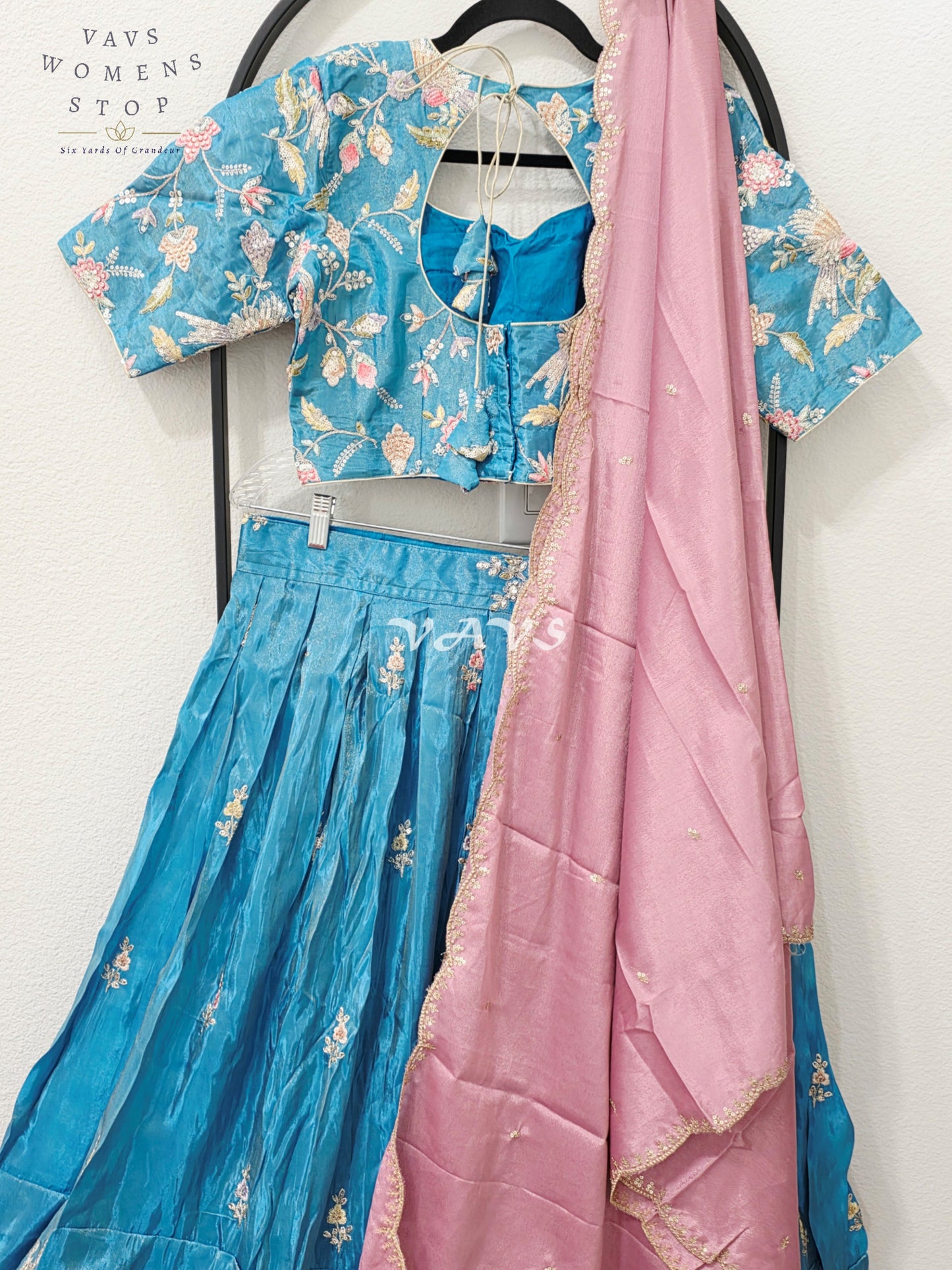 Regal Peacock Teal & Dusty Rose Munga Tissue Crepe Silk Designer Embroidered Lehenga Half Saree with Chinon Chiffon Dupatta & Blouse 40-46