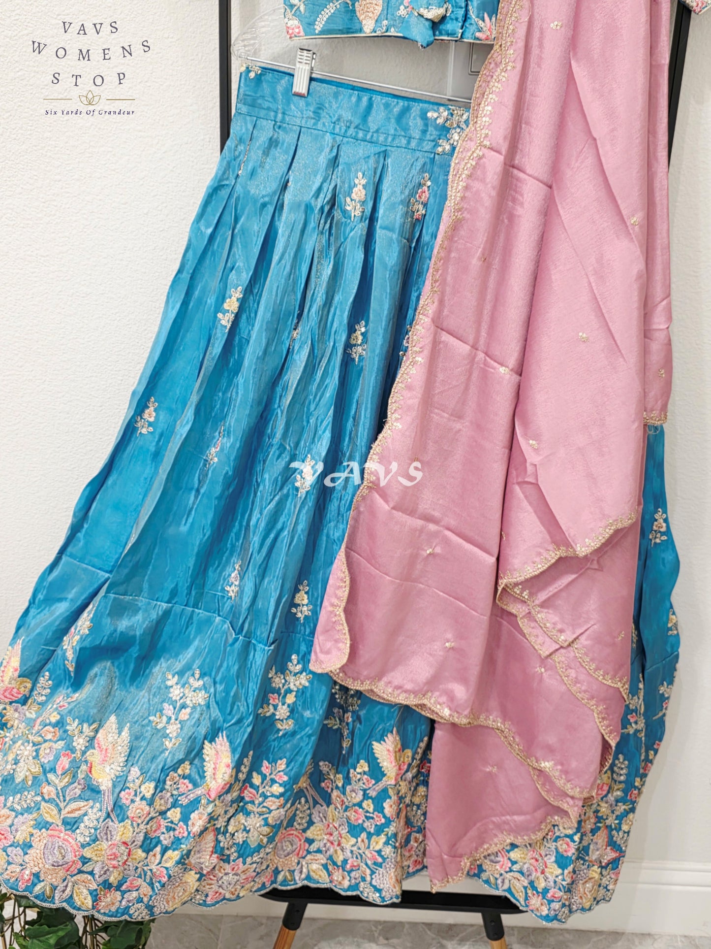 Regal Peacock Teal & Dusty Rose Munga Tissue Crepe Silk Designer Embroidered Lehenga Half Saree with Chinon Chiffon Dupatta & Blouse 40-46