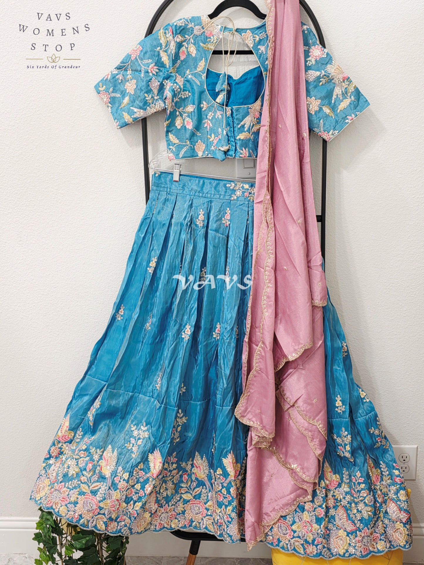 Regal Peacock Teal & Dusty Rose Munga Tissue Crepe Silk Designer Embroidered Lehenga Half Saree with Chinon Chiffon Dupatta & Blouse 40-46