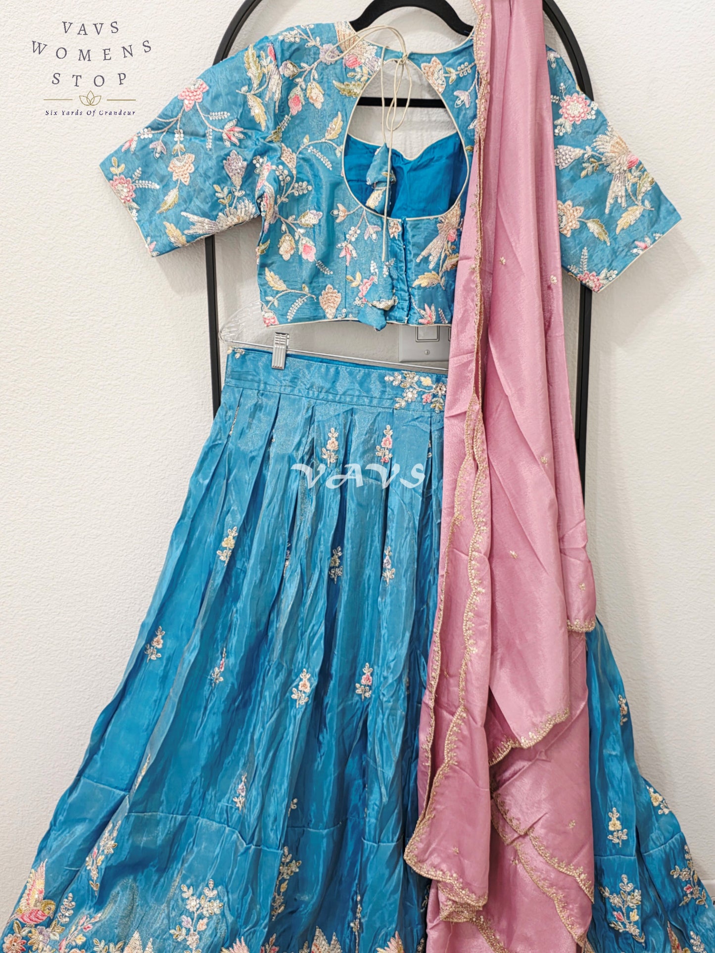 Regal Peacock Teal & Dusty Rose Munga Tissue Crepe Silk Designer Embroidered Lehenga Half Saree with Chinon Chiffon Dupatta & Blouse 40-46