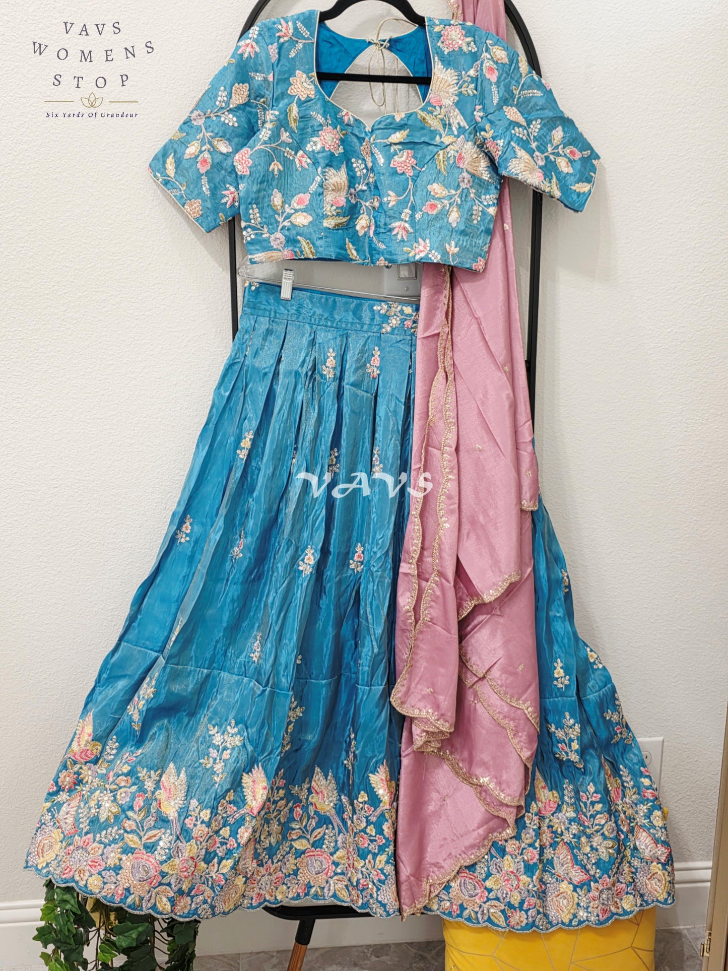 Regal Peacock Teal & Dusty Rose Munga Tissue Crepe Silk Designer Embroidered Lehenga Half Saree with Chinon Chiffon Dupatta & Blouse 40-46