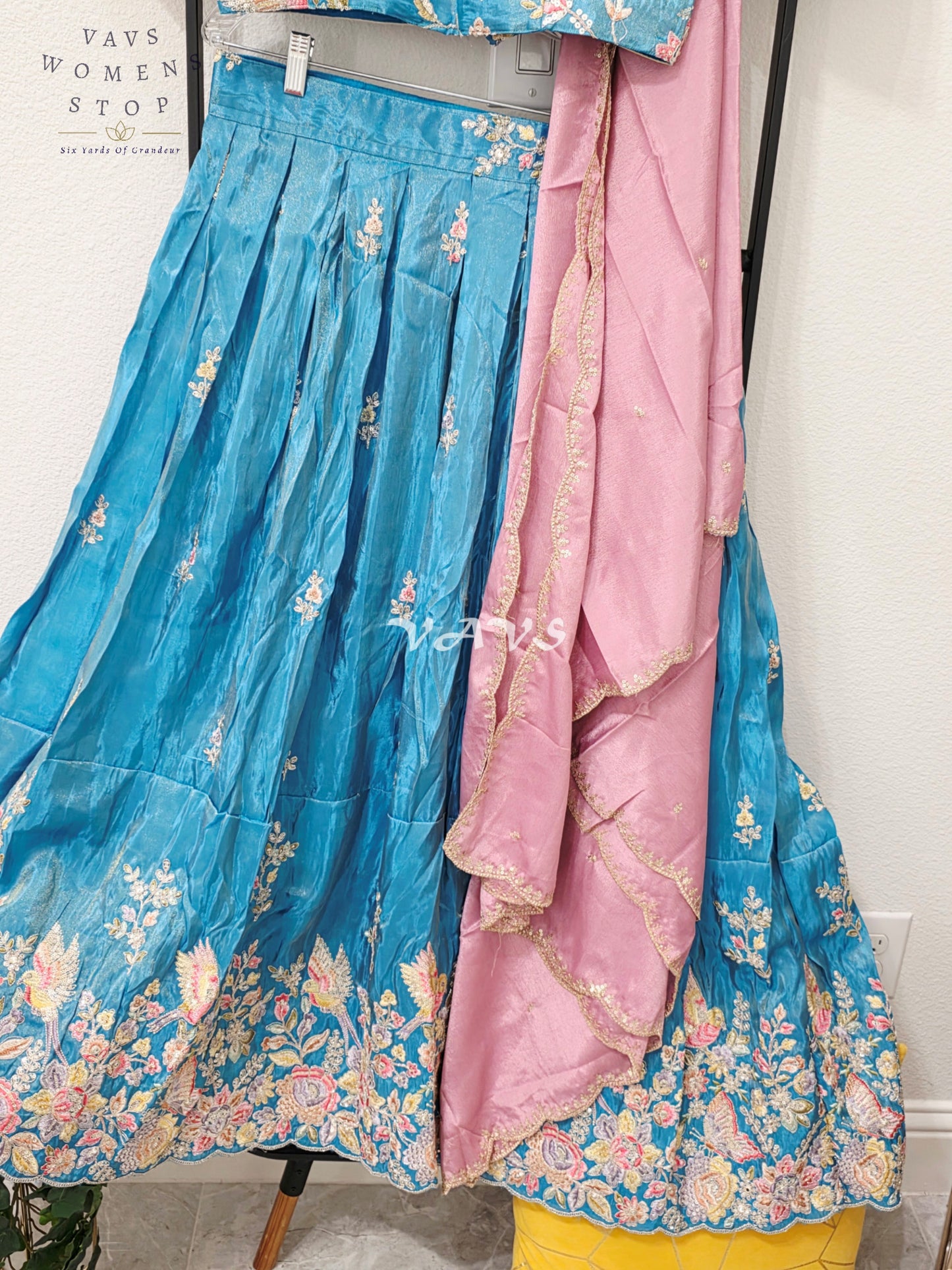 Regal Peacock Teal & Dusty Rose Munga Tissue Crepe Silk Designer Embroidered Lehenga Half Saree with Chinon Chiffon Dupatta & Blouse 40-46