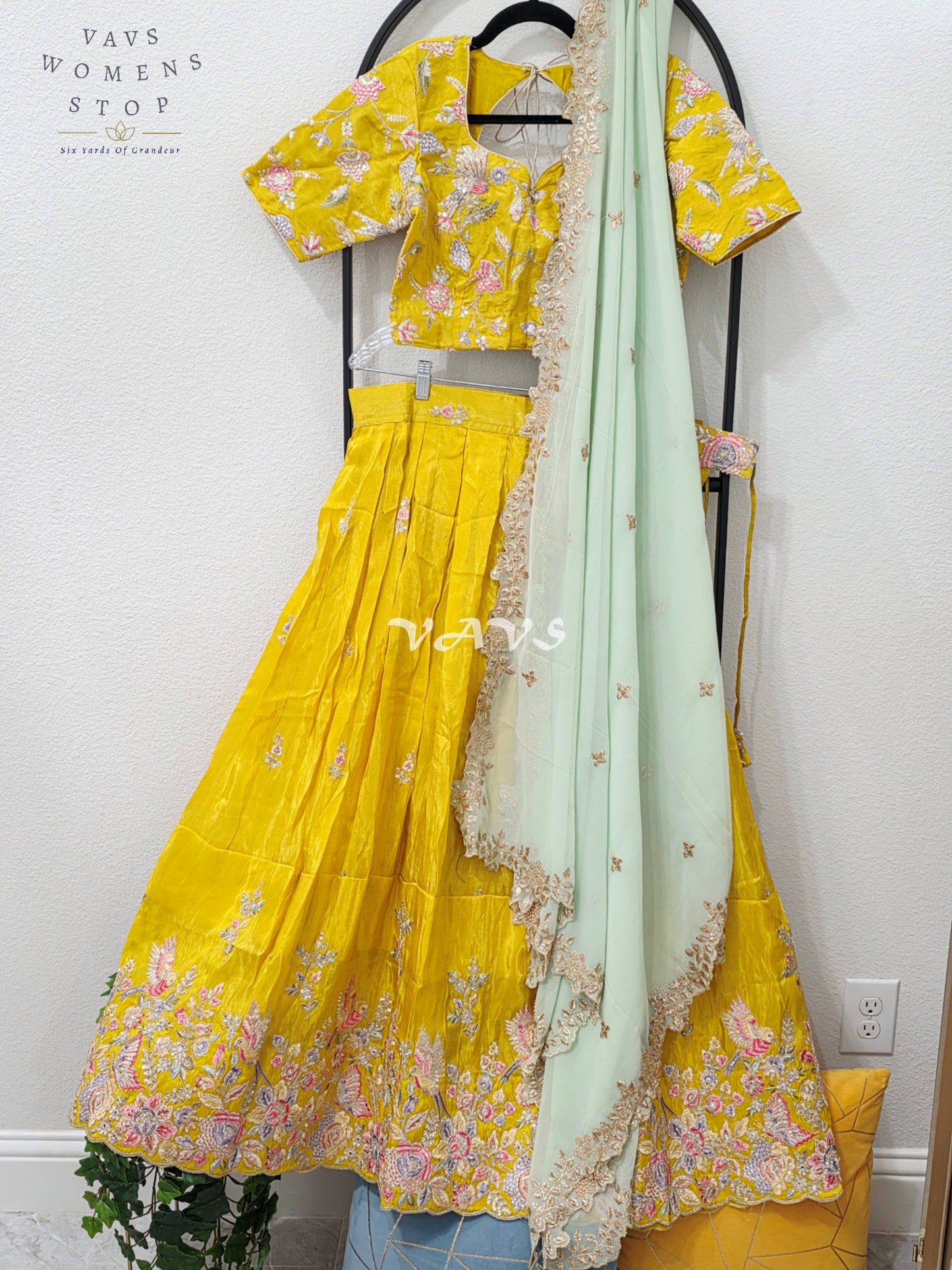 Radiant Marigold Yellow & Mint Mist Munga Tissue Crepe Silk Designer Embroidered Lehenga Half Saree Set with Georgette Dupatta & Blouse 36-42