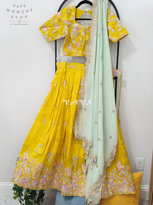Radiant Marigold Yellow & Mint Mist Munga Tissue Crepe Silk Designer Embroidered Lehenga Half Saree Set with Georgette Dupatta & Blouse 36-42