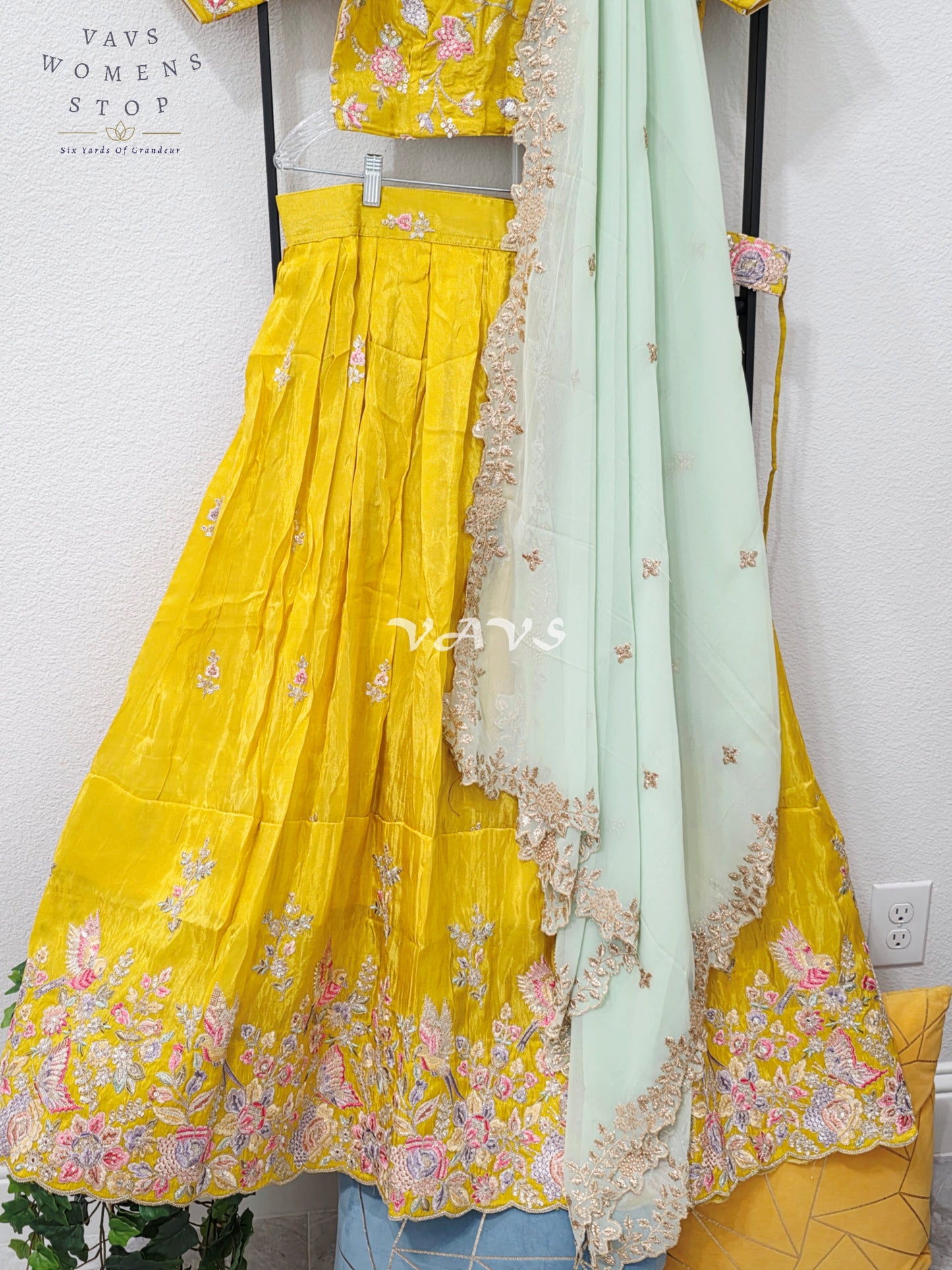 Radiant Marigold Yellow & Mint Mist Munga Tissue Crepe Silk Designer Embroidered Lehenga Half Saree Set with Georgette Dupatta & Blouse 36-42