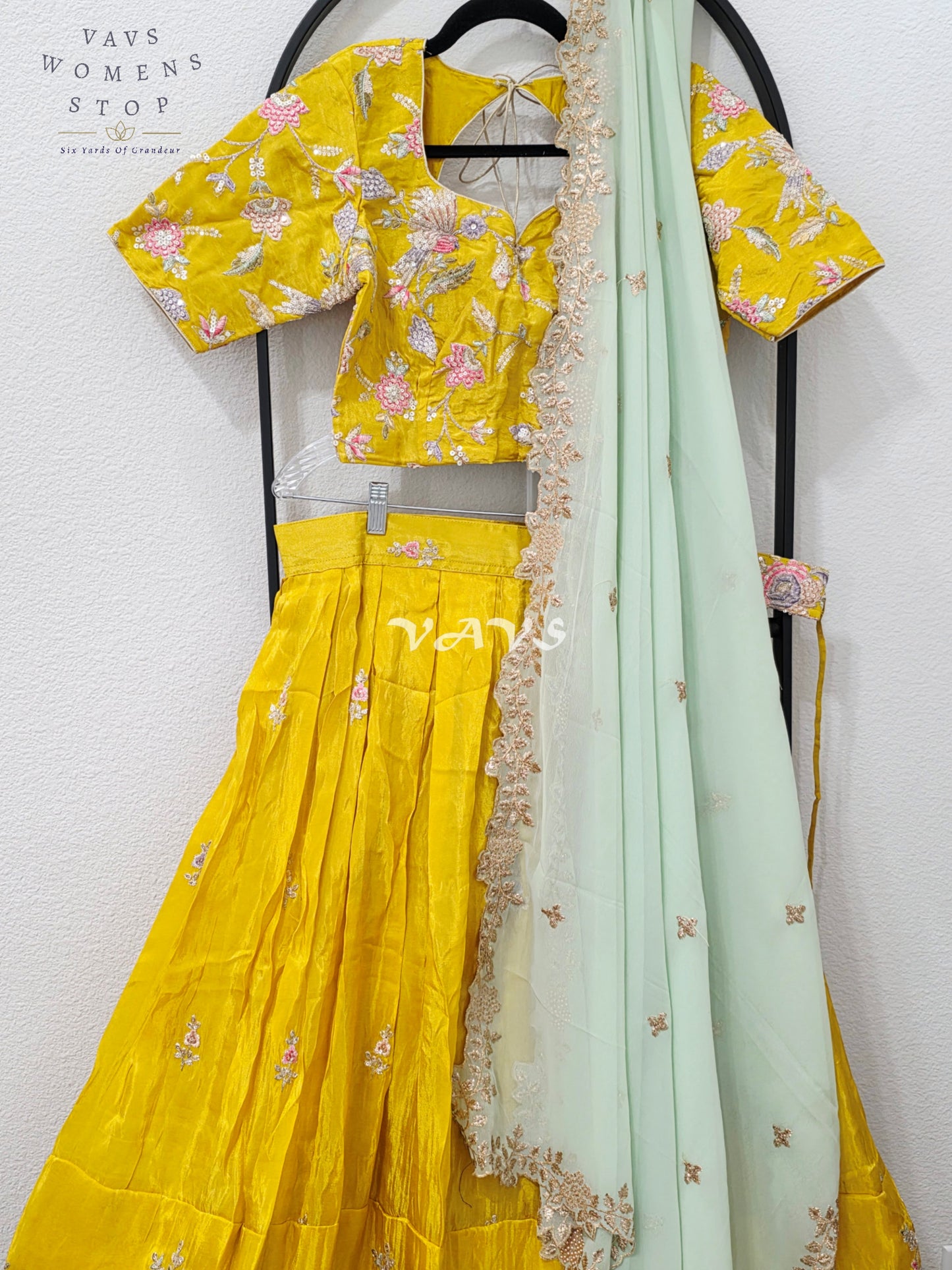 Radiant Marigold Yellow & Mint Mist Munga Tissue Crepe Silk Designer Embroidered Lehenga Half Saree Set with Georgette Dupatta & Blouse 36-42