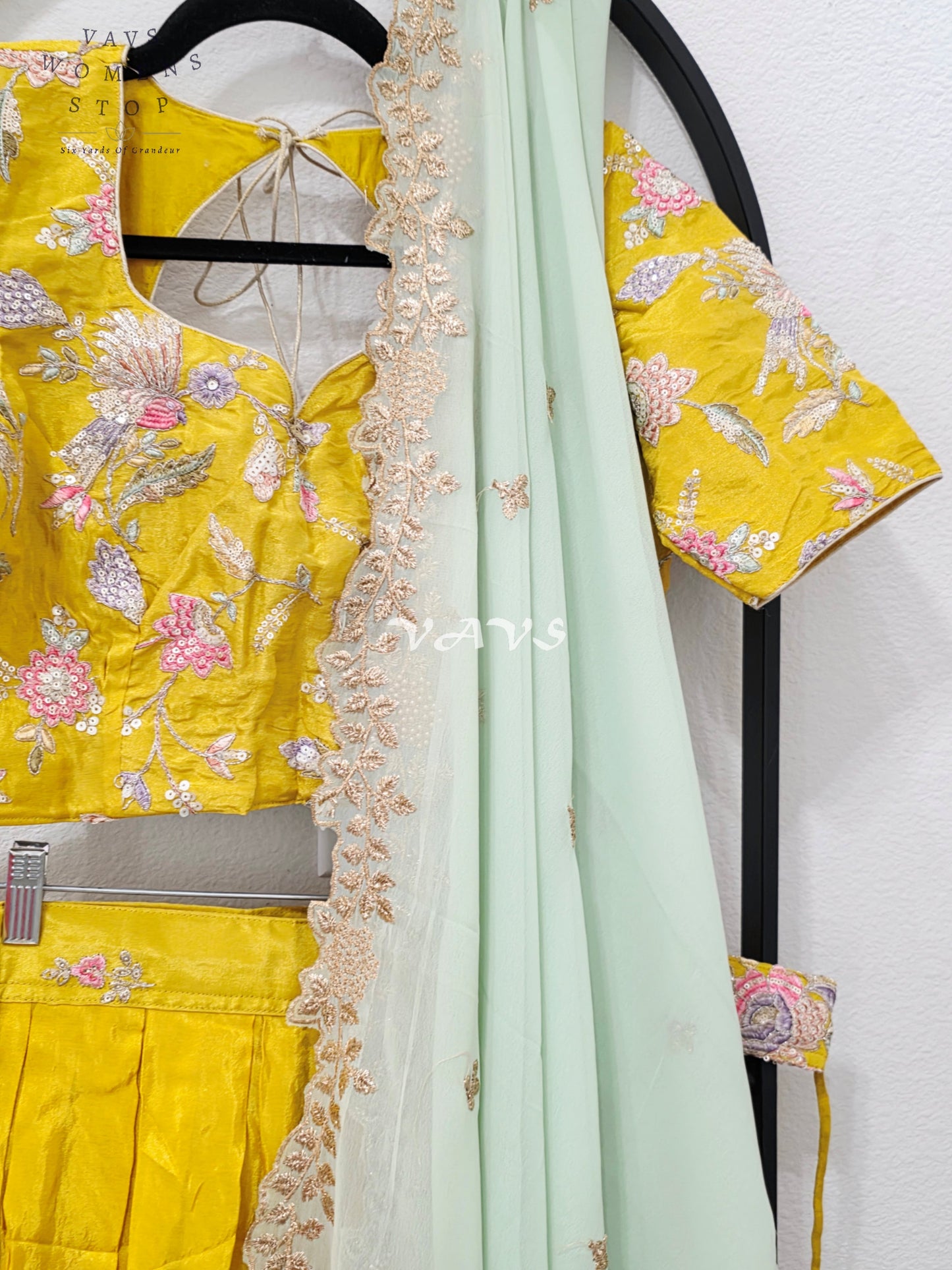 Radiant Marigold Yellow & Mint Mist Munga Tissue Crepe Silk Designer Embroidered Lehenga Half Saree Set with Georgette Dupatta & Blouse 36-42